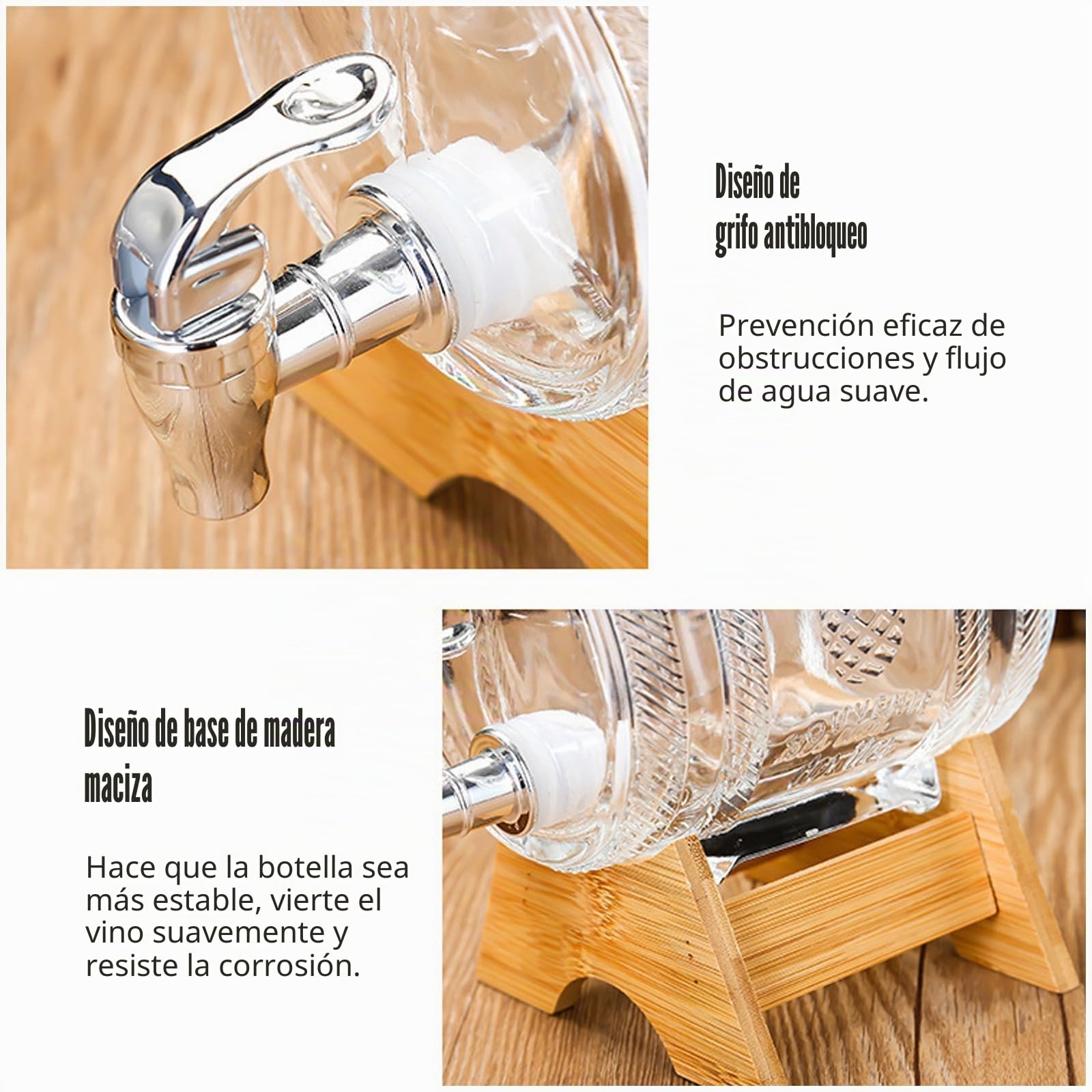 Barril con grifo, dispensador de bebidas de cristal en forma de barril con grifo y soporte de madera, jarra de 1/3 litros, dispensador de agua con soporte, para vino, whisky, brandy, zumos, limonada,
