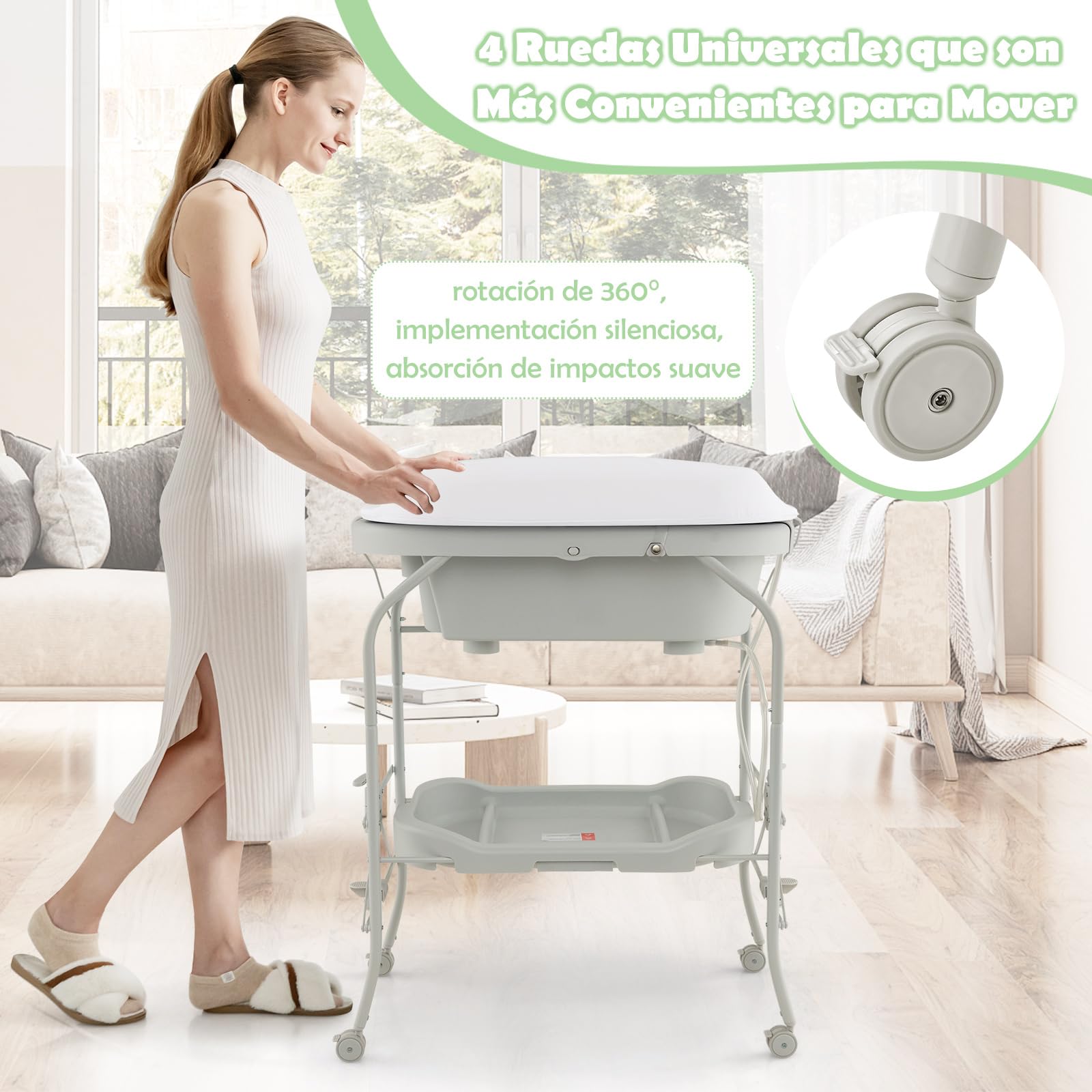 COSTWAY Bañera Bebe con Cambiador 4 en 1, Bañera Cambiador Bebe con Bandeja y 4 Ruedas Bloqueables, Cambiador Bebe Portátil y Plegable con Cesta de Almacenaje, Cojín Impermeable,Carga 35kg(Gris Claro)