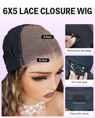 Miniatura 10 de MEGALOOK Pelucas de cabello humano con reflejos degradados sin pegamento, precortadas con cierre de 6 x 5, pelucas de cabello humano Balayage Wear