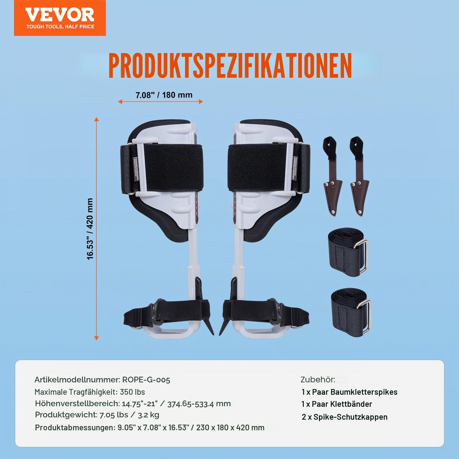 VEVOR Baumkletterspikes, 1 Paar höhenverstellbare Kletterspuren, 158.8 kg Tragfähigkeit, Baumkletterausrüstung mit Gurten, Baumpflegerausrüstung für Kletterer, Jagd, Obstpflücken
