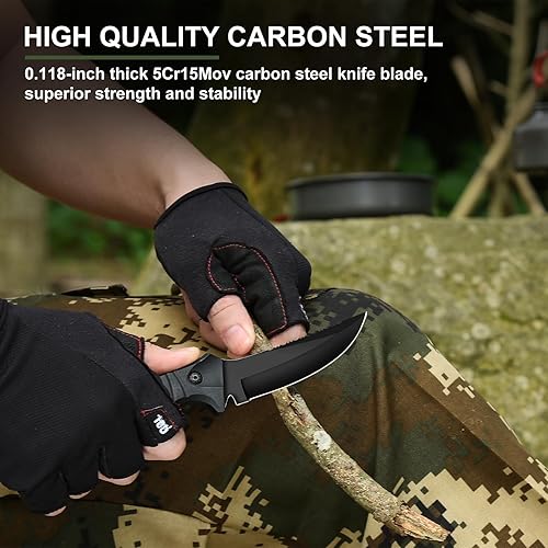 Miniatura 2 de Cuchillo de hoja fija de espiga completa con funda, hoja de acero al carbono tipo media luna de 4 pulgadas, negro antiadherente, mango