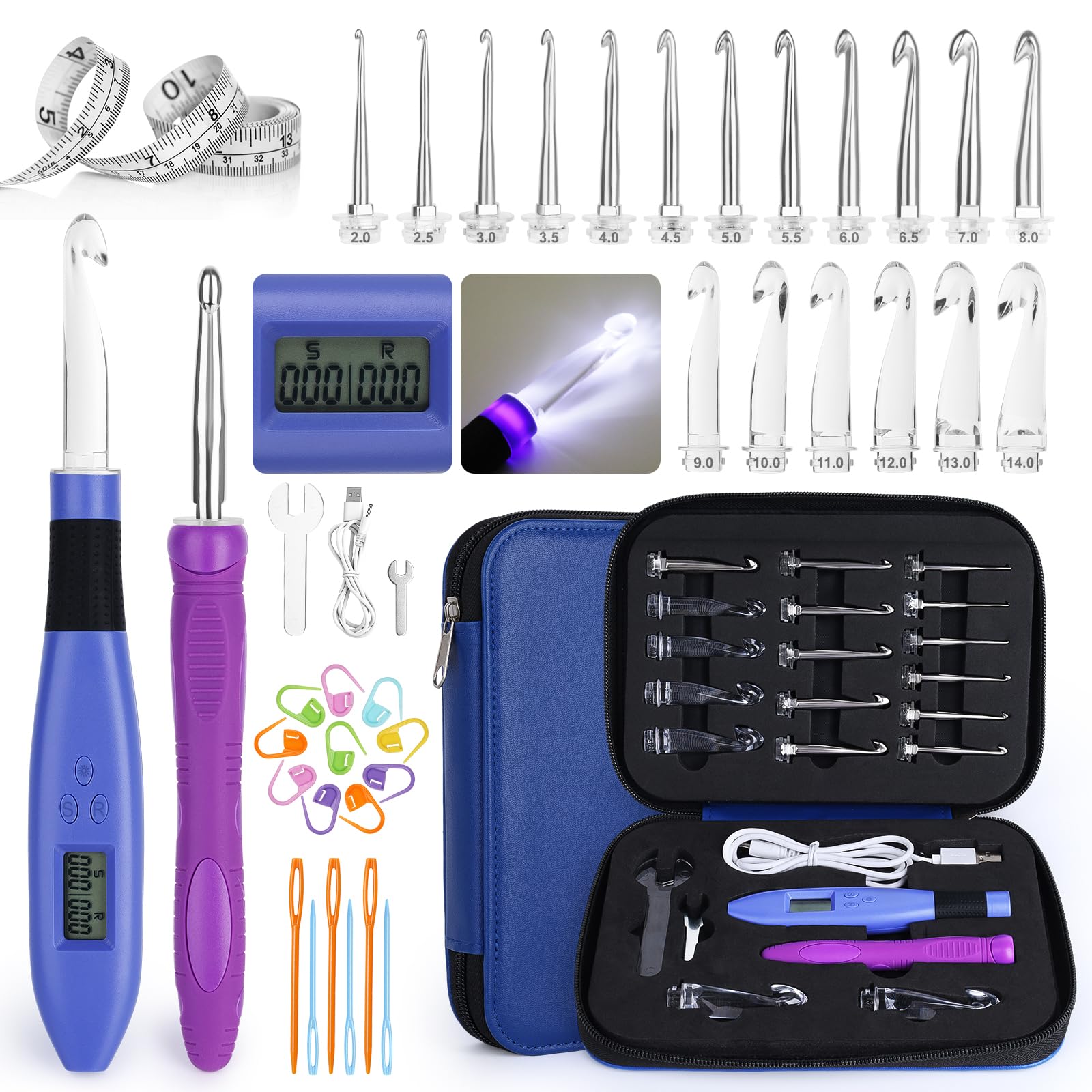 Aeelike Leuchtende Häkelnadel-Set, 18 Größen, 2 mm - 14 mm, austauschbare Häkelnadel mit Licht und Stichzähler, wiederaufladbar, LED-beleuchtet, ergonomische Häkelnadeln für arthritische Hände und