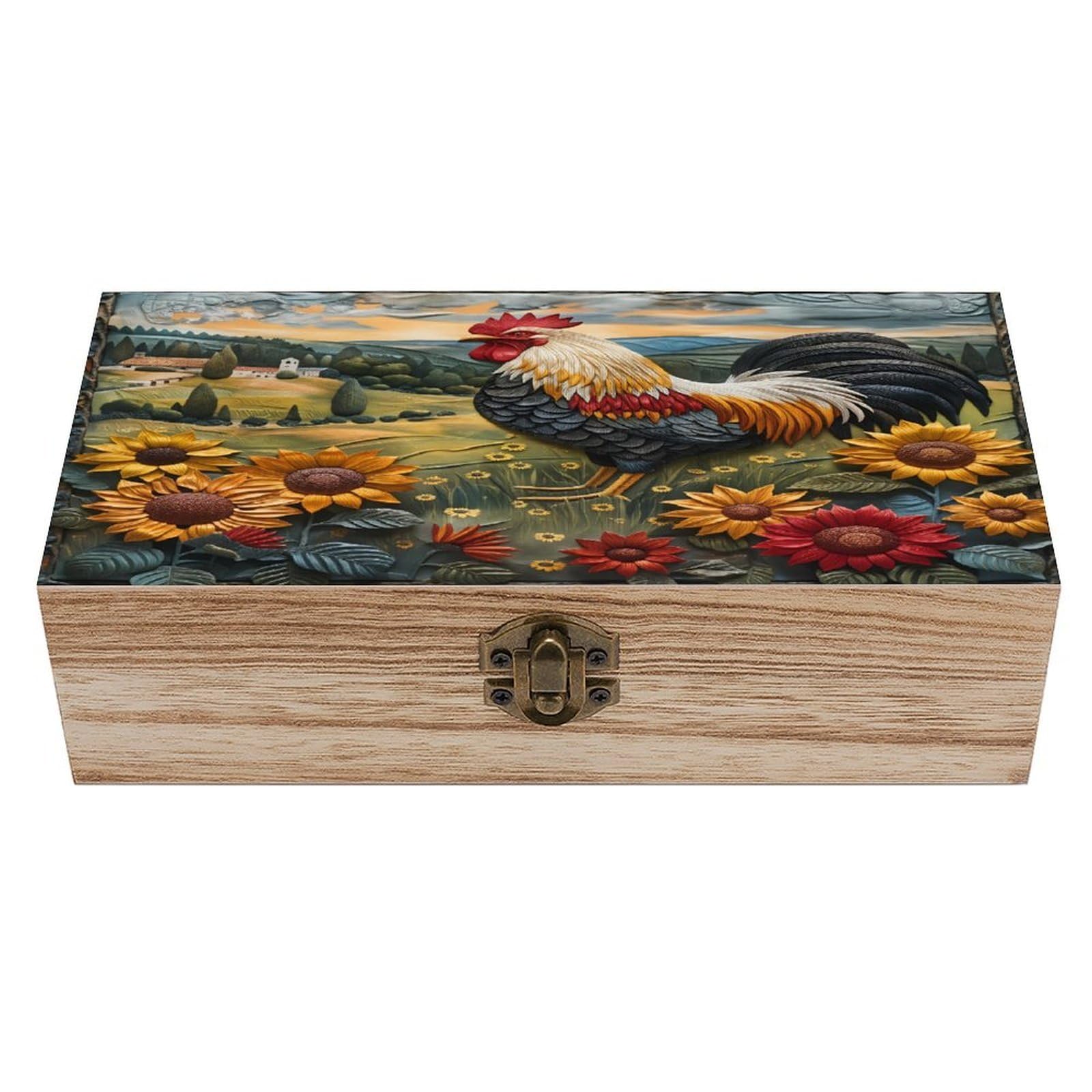 HLBSDM Rooster And Sunflowers Vintage Wooden Keepsake Box with Hinged Lid And Locking Clasp, Decorative Storage Box for Jewelry, Trinkets And Small Accessories, Organizer for Home Or Wedding