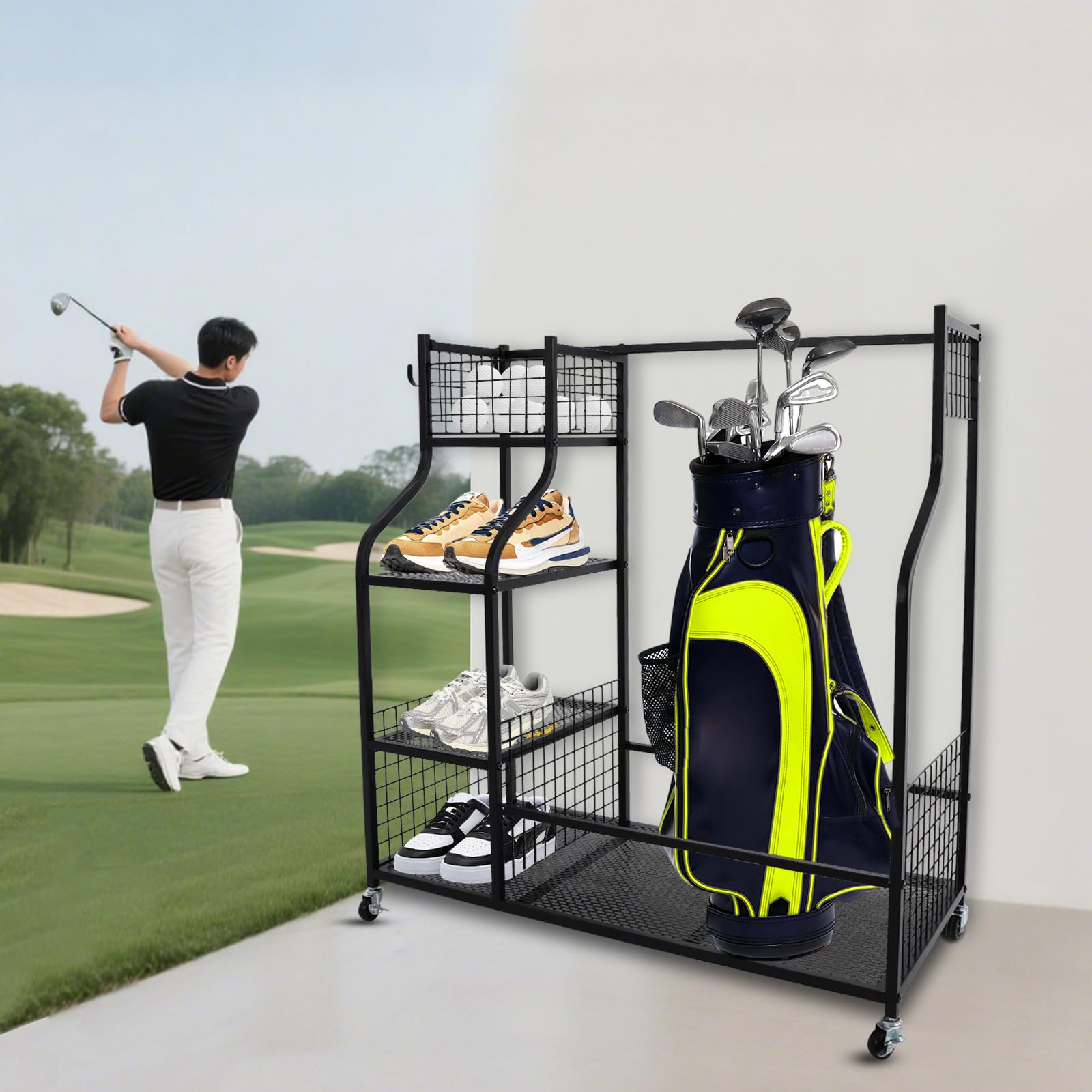 Golftaschen Organizer, Metall Golftaschenregal Golf-Aufbewahrungsregal mit 4 Rädern für Golftaschen und Golfzubehör