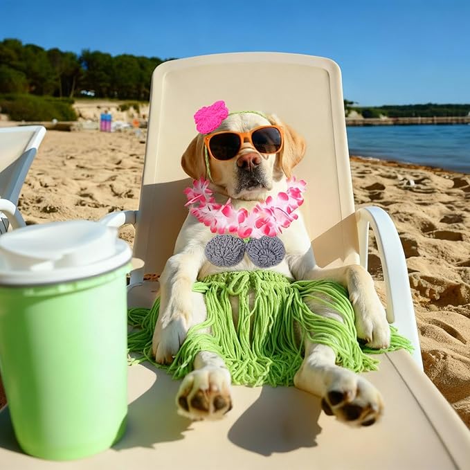 Disfraz Hawaiano para Perro Hillban, Falda de Hierba con Bikini y Corona de Flores miniatura 4