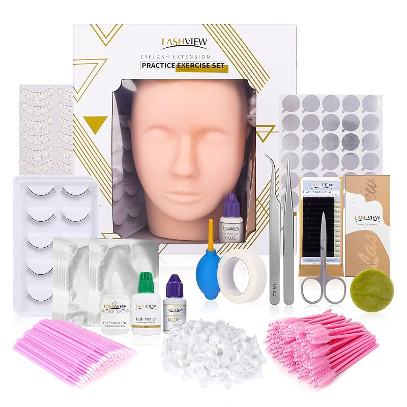 Kit de extensão de cílios LASHVIEW com cabeça de manequim e acessórios para prática