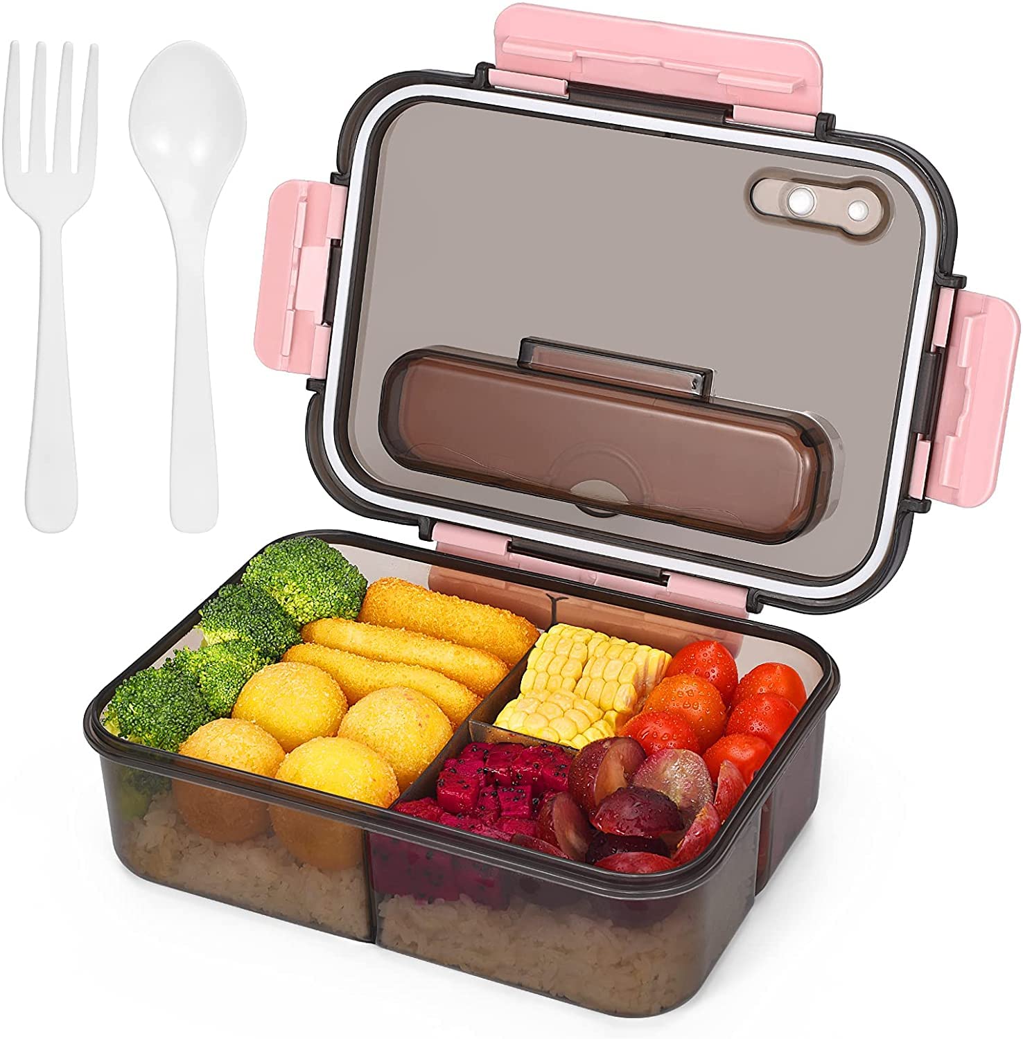 GGEROU Bento Lunch Box - 3 Compartment Lunch Containers for Adults and Kids,Food Grade Plastic Lunch Box with with Spoon & Fork,BPA Free,Leak-proof,Dishwasher Safe,Microwave Safe (Pink)