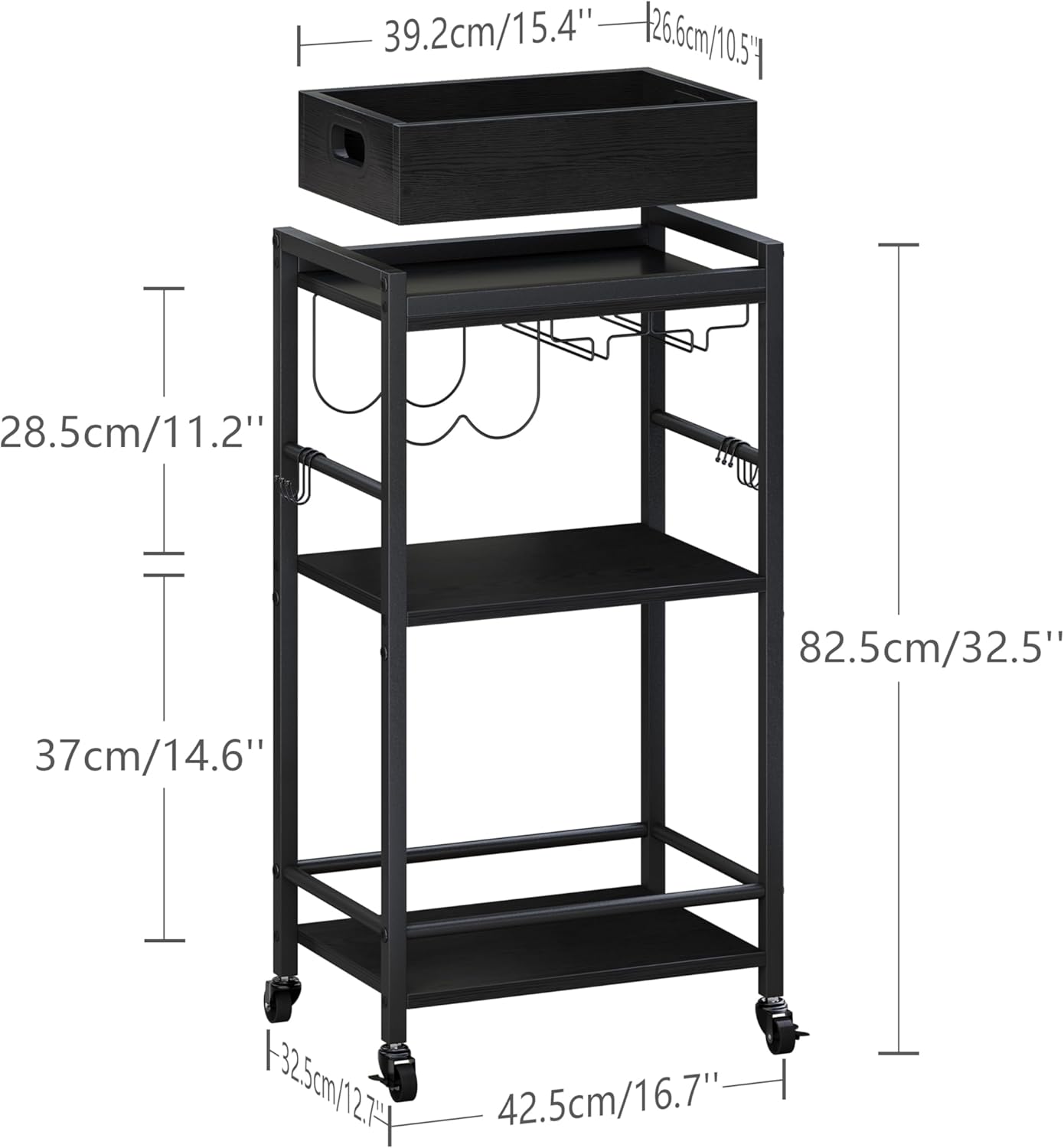 3-Tier Bar Cart with Removable Tray, Small Bar Carts with Wheels, Rolling Beverage Cart, Drink Cart, Black Wine Cart with Wine Rack for Kitchen, Living Room (Black) GBC513B