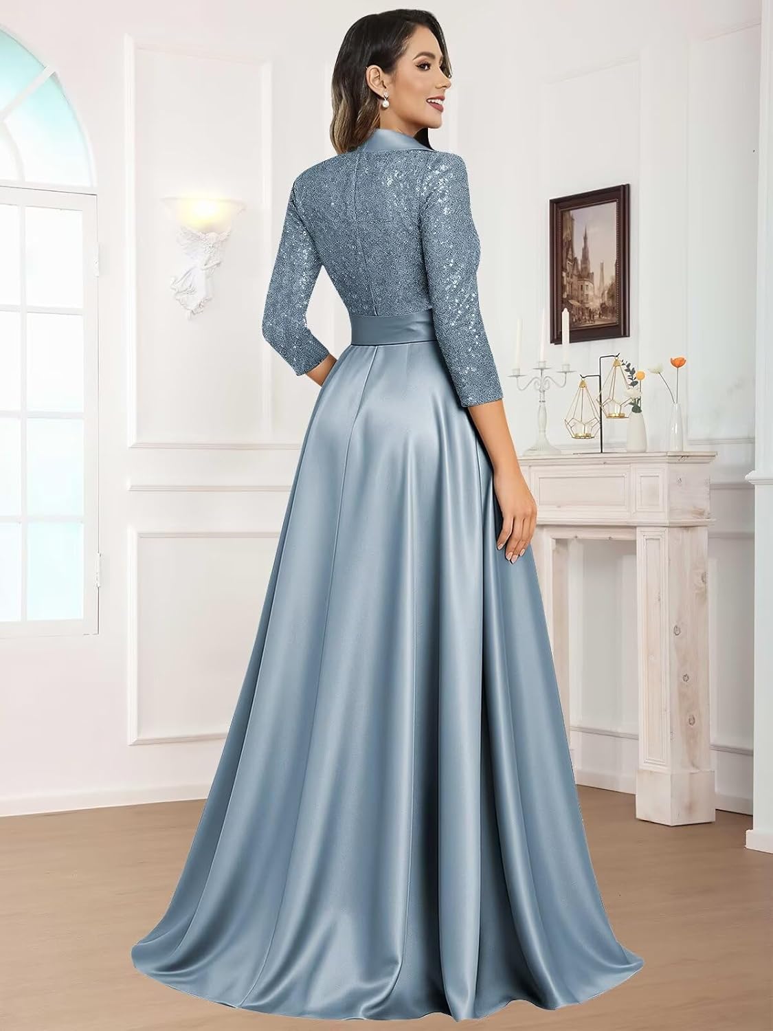 Sequin Satin Mother of The Bride Dresses for Women 3/4 Sleeves V Neck Long Formal Wedding Guest Dresses with Pockets - Image 5