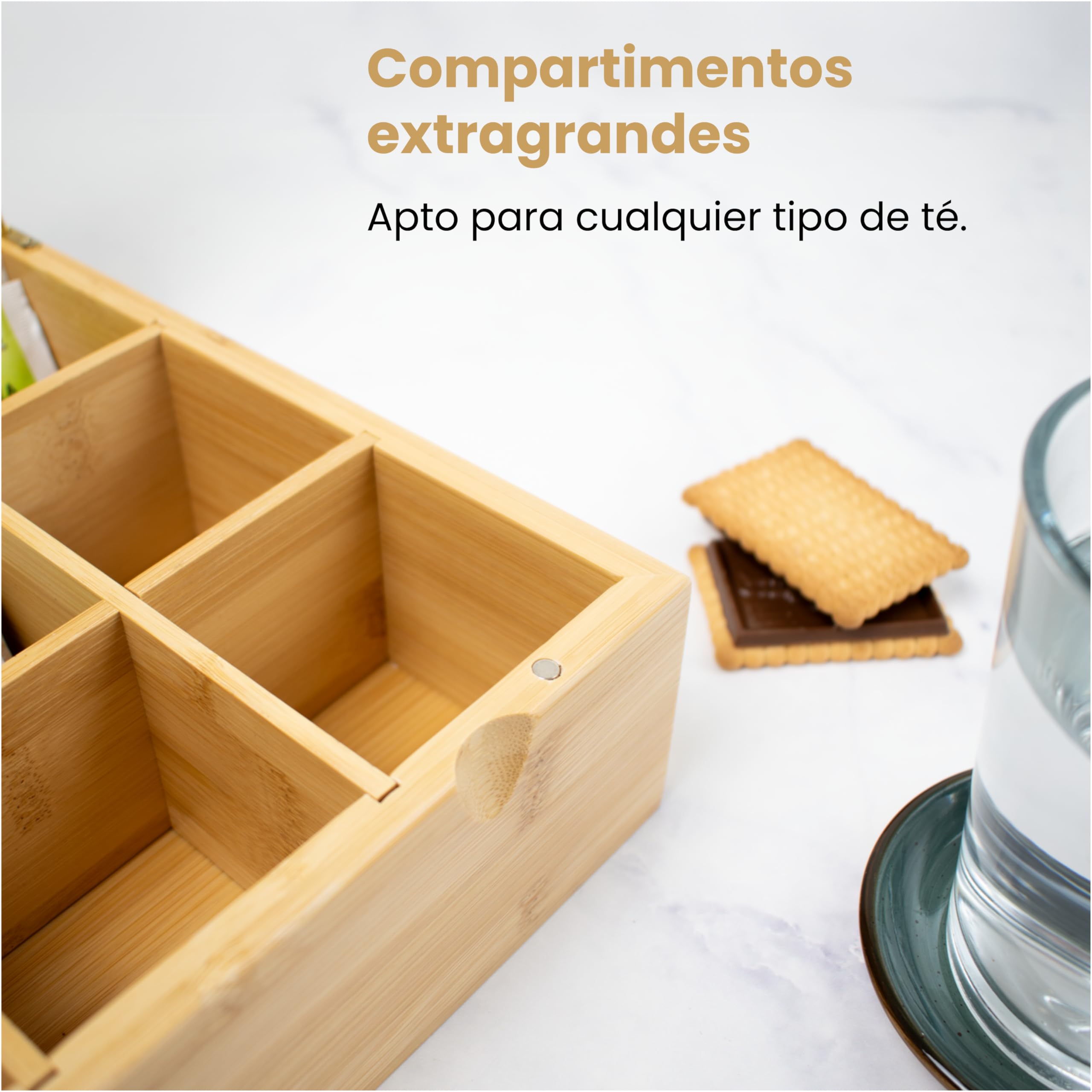 NIMMA Cajas para té – Caja de té de madera con cierre magnético – Adecuada para Pickwick, Lipton y más – Compartimentos extra grandes para bolsitas de té y té suelto (1, Marrón, 12 compartimentos)