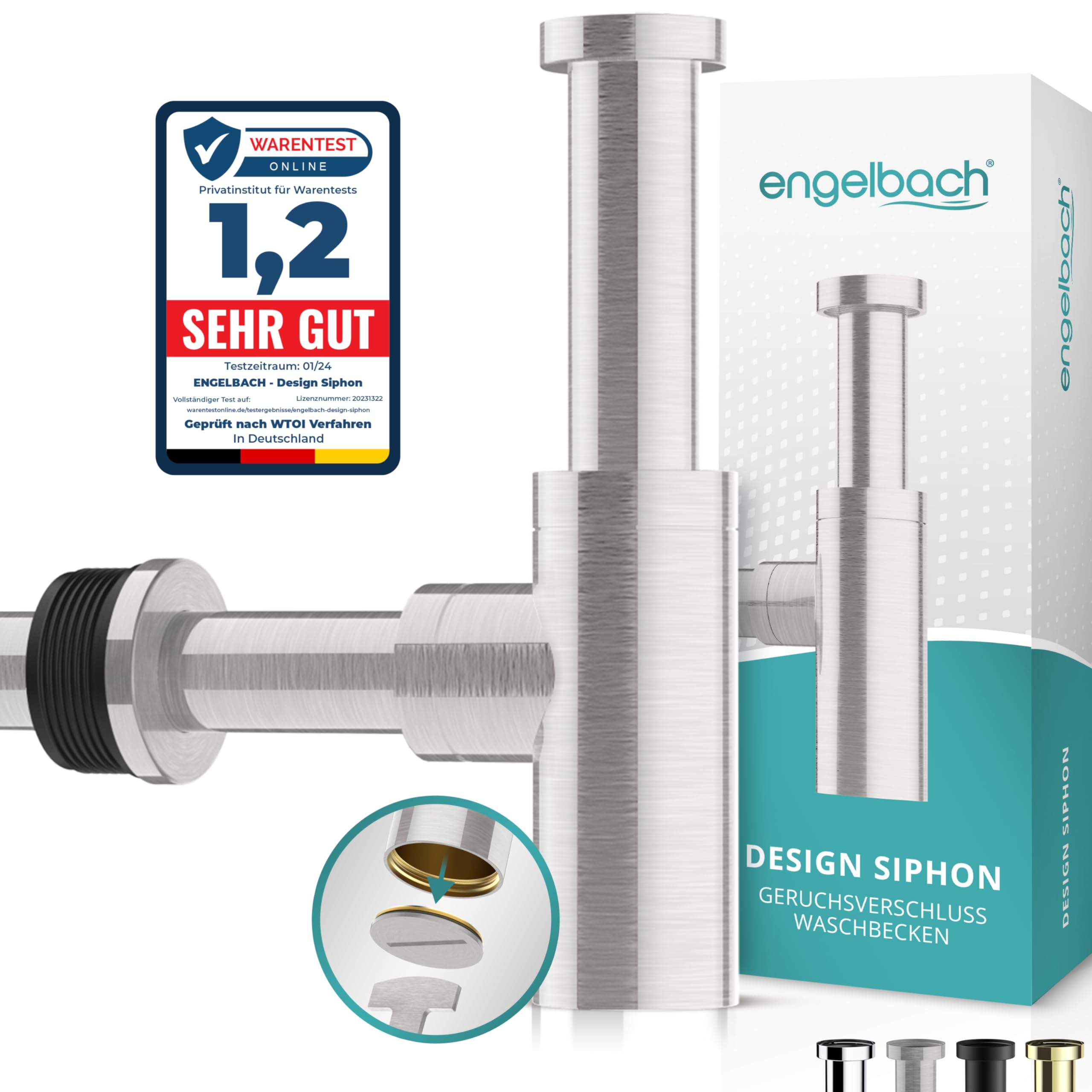 Engelbach® Design Siphon für Waschbecken & Waschtisch - Mit Reinigungsöffnung - Universal Abflussrohr 1 1/4" - Geruchsverschluss, Sifon inkl. Gummimanschette und Anleitung