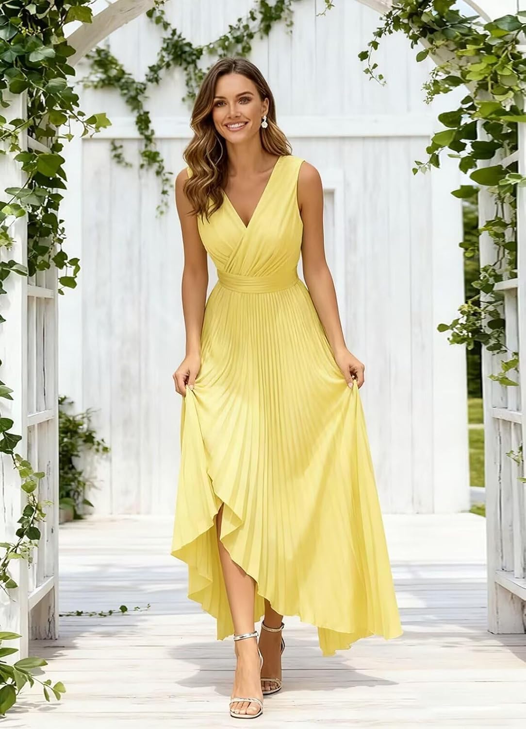 Satin Formal Wedding Guest Dress Pleated Midi Bridesmaid Dresses for Women - Image 5