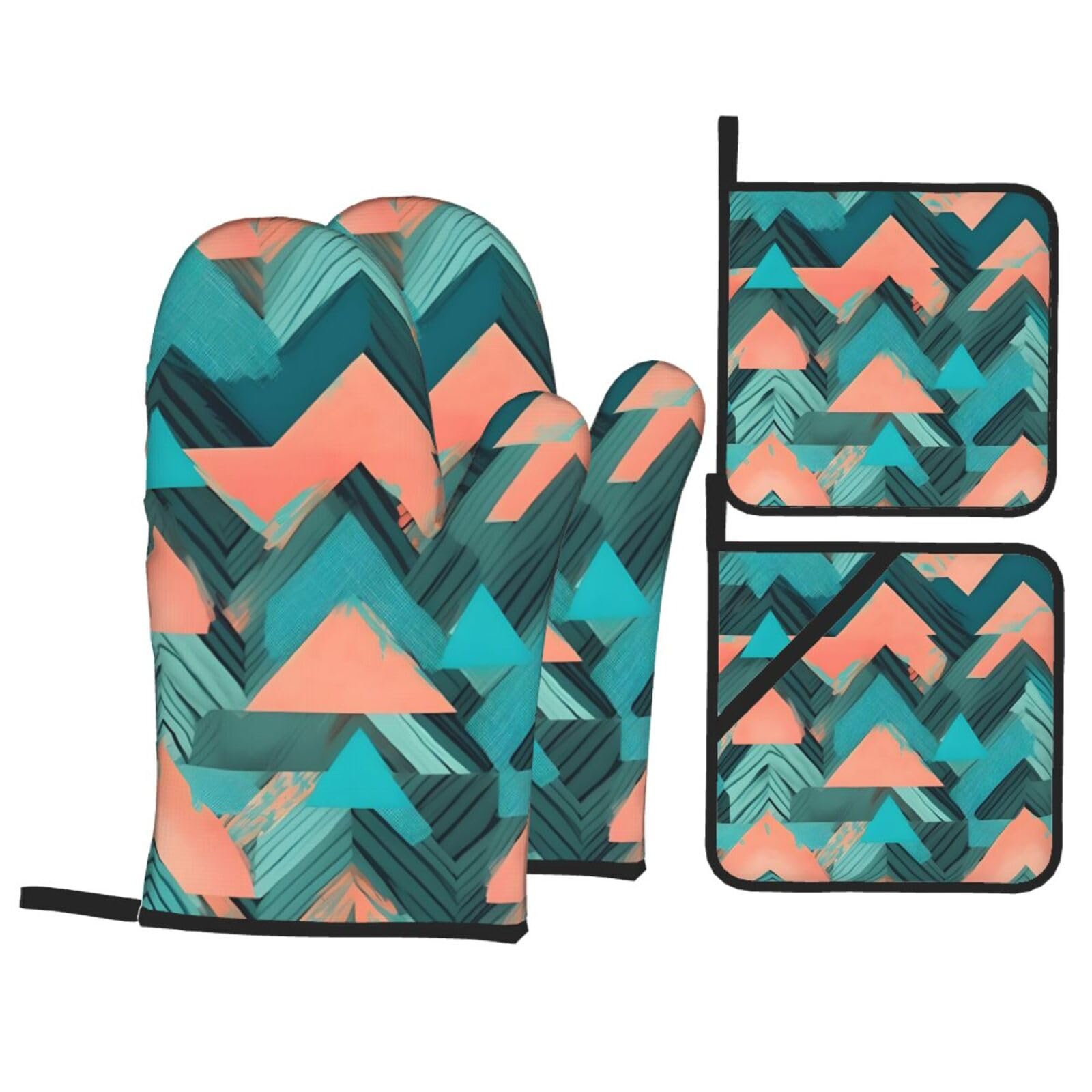 Coral and Teal Arrows Print 4-Piece Heat-Resistant Oven Waterproof Kitchen Gloves Cooking Roasting Essential
