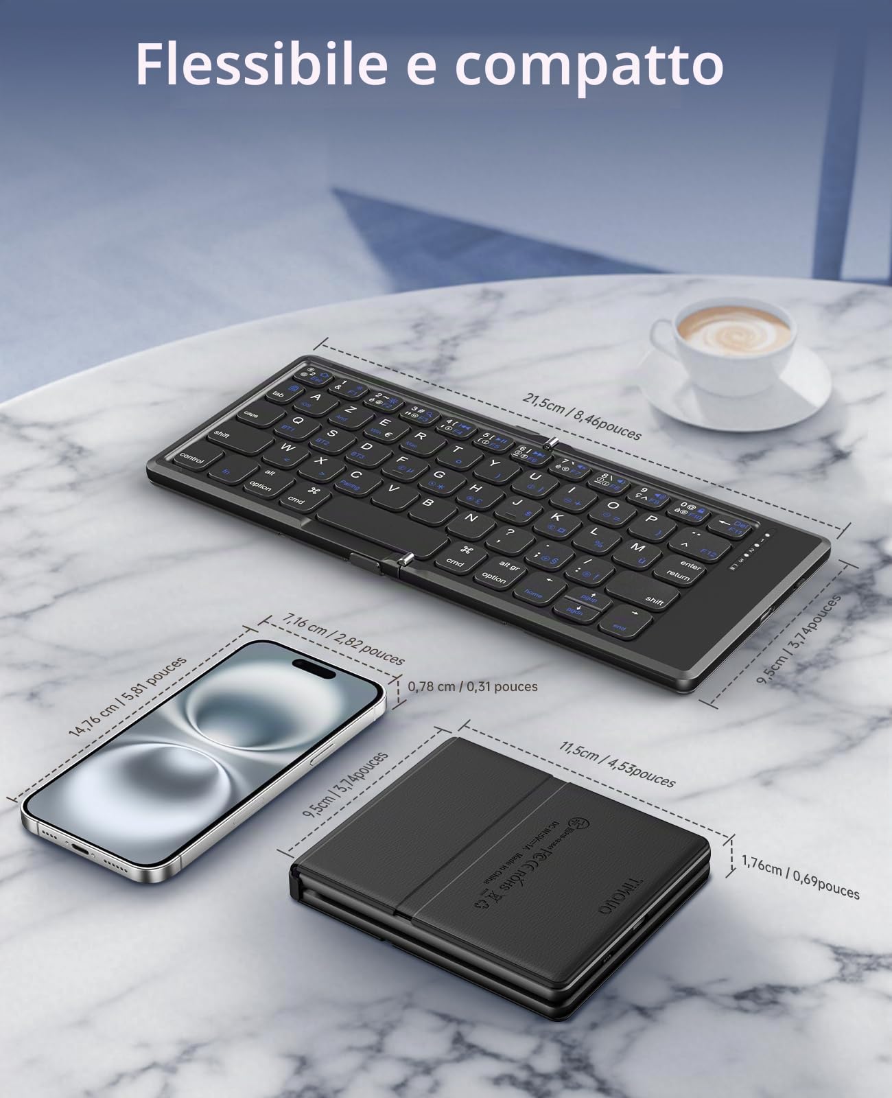 TiMOVO Tastiera Bluetooth AZERTY per Windows iOS Android Mac, Nero | Tastiera Portatile Ricaricabile per iPad, iPhone, Tablet e Smartphone, Mini Tastiera Senza Fili Pieghevole da Viaggio