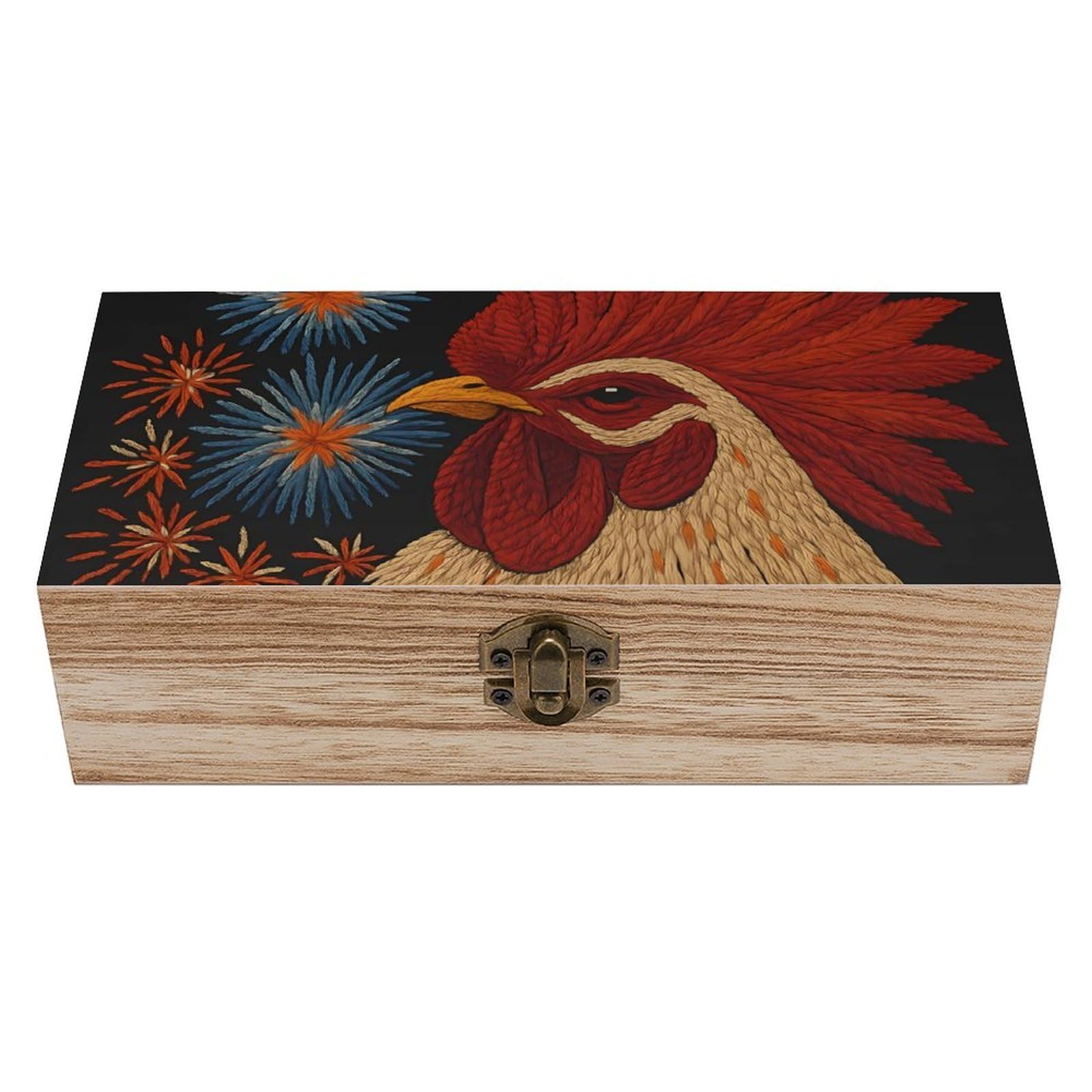 HLBSDM Rooster & Fireworks Retro Wooden Storage Box Jewelry Art Gift Boxs Decorative Keepsake Boxes