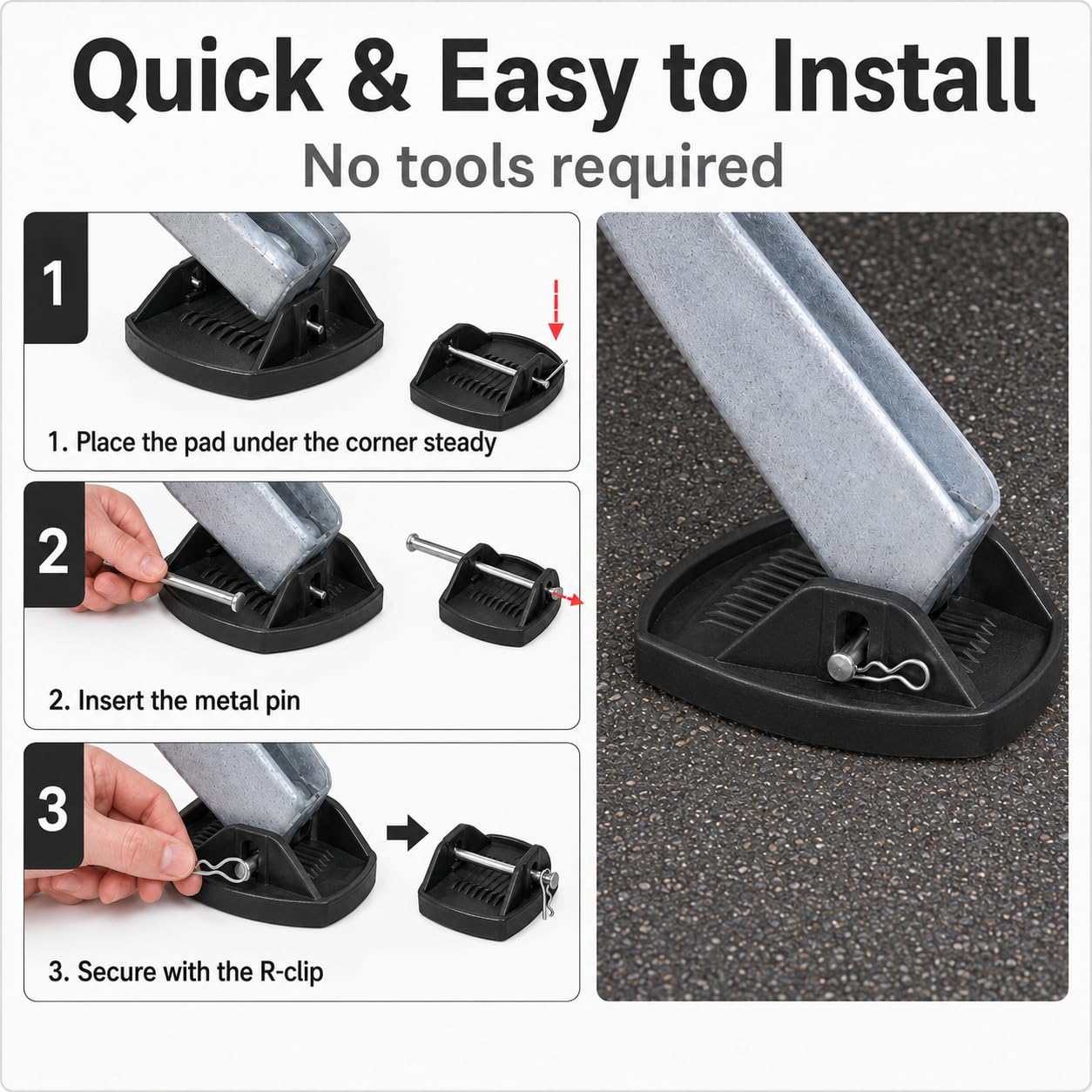 Lot de 4 patins de cric de caravane robustes pour éviter de s'enfoncer dans un sol mou, coussinets de stabilisation robustes et stables pour pieds de caravane avec broches