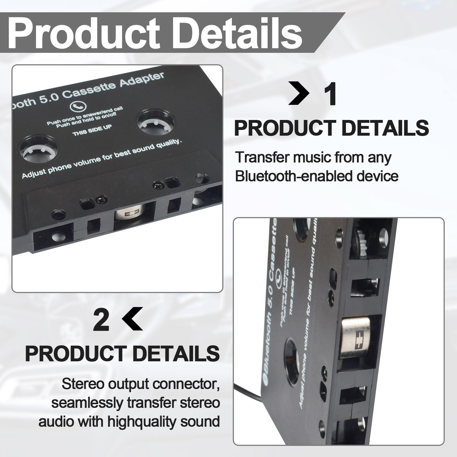 Funmo Adaptateur de Cassette Audio pour Voiture, récepteur de Cassette Bluetooth 5.0, Adaptateur auxiliaire de Cassette Audio pour écouter la Musique du téléphone Portable et la Voix de la Voiture