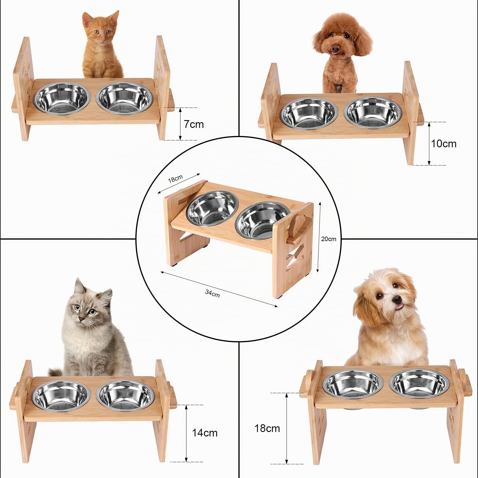 Hundenapf HöHenverstellbar Mit Namen, OXYEFEI Katzennapf ErhöHt Bambus Ergonomischer Futternapf Katze Personalisiert mit Ständer Edelstahlnapf für Haustier