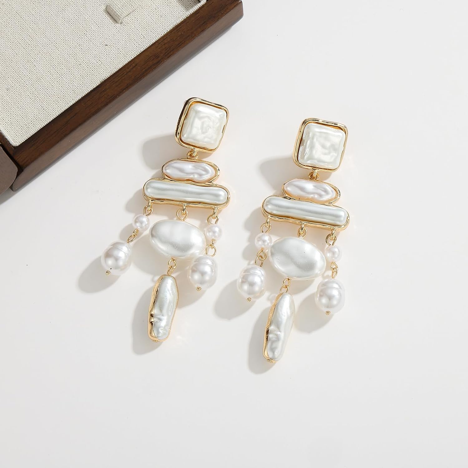 Statement Pearl Dangle Earrings,Gold and Large Pearl,Luxury Chandelier Organic Style Earrings - Image 4