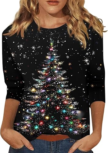 Miniatura 6 de Camisas de manga 34 para mujer, estilo bohemio, estampado, cuello redondo, casuales, básicas, blusas holgadas