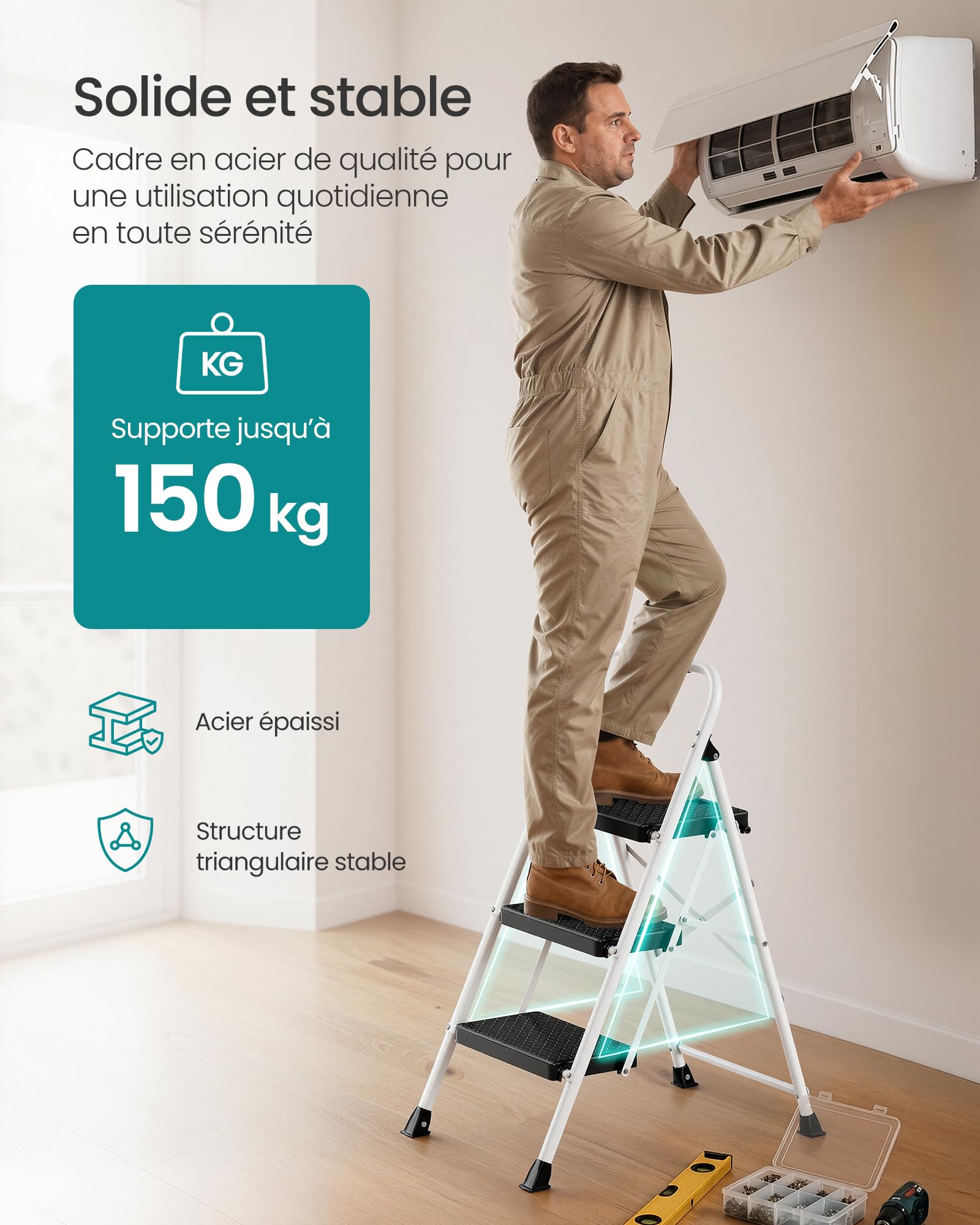 SONGMICS Escabeau en Acier, Marchepied Pliant à 3 Marches, Charge Maximale 150 kg, pour Maison, Bureau, Jardin, 73 x 46,5 x 102,5 cm, Blanc GSL203WZ01