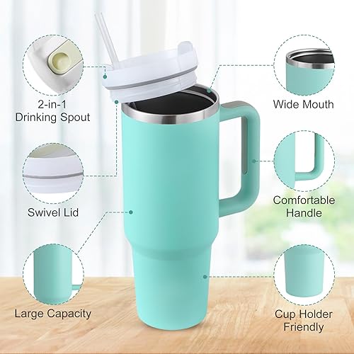 Miniatura 10 de Vaso de 40 onzas con asa y tapa de pajilla, acero inoxidable 2 en 1 aislado al vacío para bebidas calientes y frías, taza de viaje, regalo para