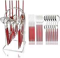 Vista 10 de JASHII Juego de cubiertos de 24 piezas con tenedores y cucharas con soporte, juego de cubiertos de metal de titanio negro y chapado en oro, acero