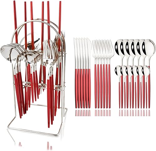 Miniatura 10 de JASHII Juego de cubiertos de 24 piezas con tenedores y cucharas con soporte, juego de cubiertos de metal de titanio negro y chapado en oro, acero