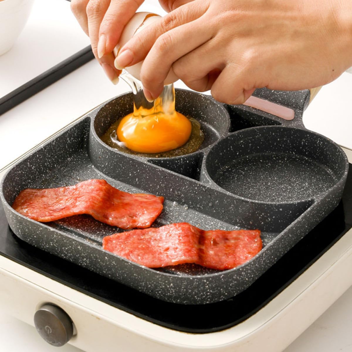 Nonstick 3-section Omelette Pan with Temperature-sensitive Wood Grain Coating, Divided Egg and Pancake Frying Skillet for Home Breakfast Cooking