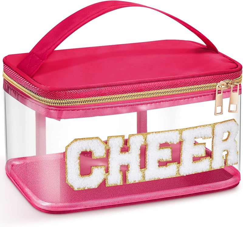 Necessaire transparente Geetery com zíper, alça e aplique CHEER, rosa-choque