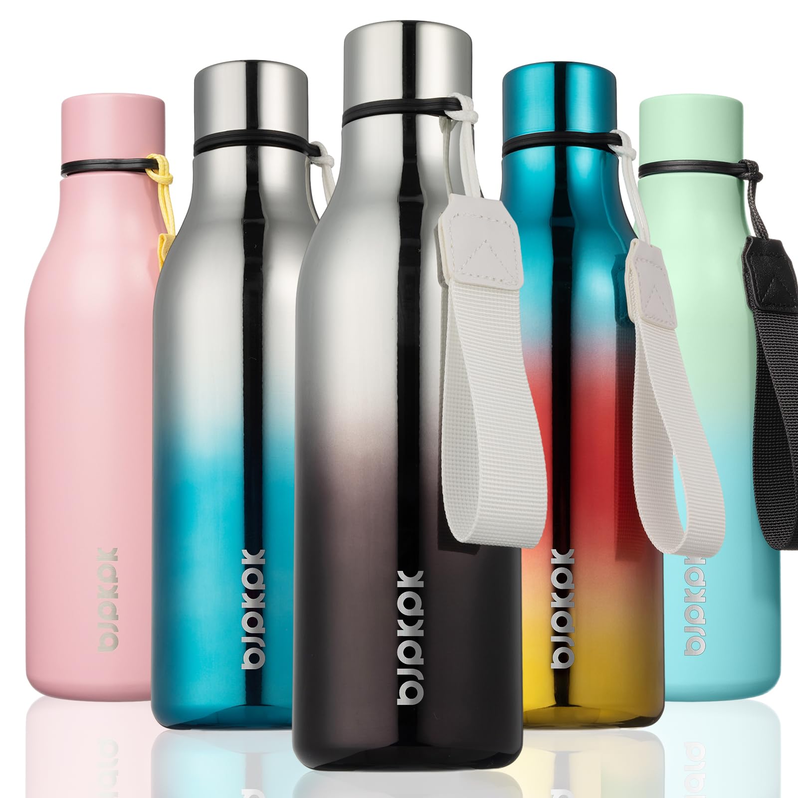BJPKPK Insulated Water Bottles, 530ml Stainless Steel Metal Water Bottle with Strap, BPA Free Leak Proof Thermos, Mugs, Flasks, Reusable Water Bottle for Sports & Travel, Silver Miner