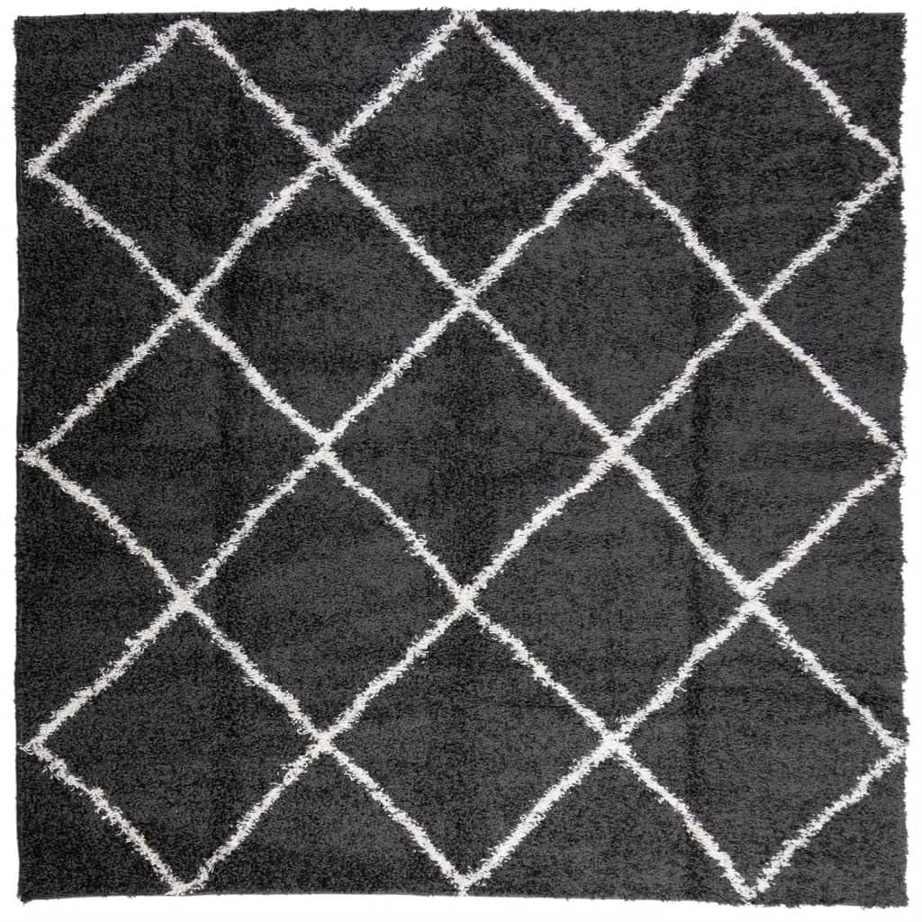 Tapis shaggy noir et crème 120x120 cm de 30mm d'épaisseur pour salon moderne