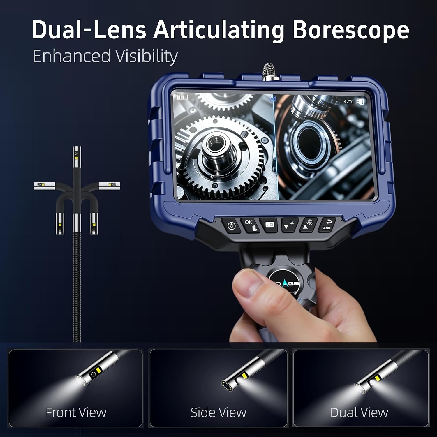 7" Dual Lens Articulating Borescope for Automotive HVAC Inspection