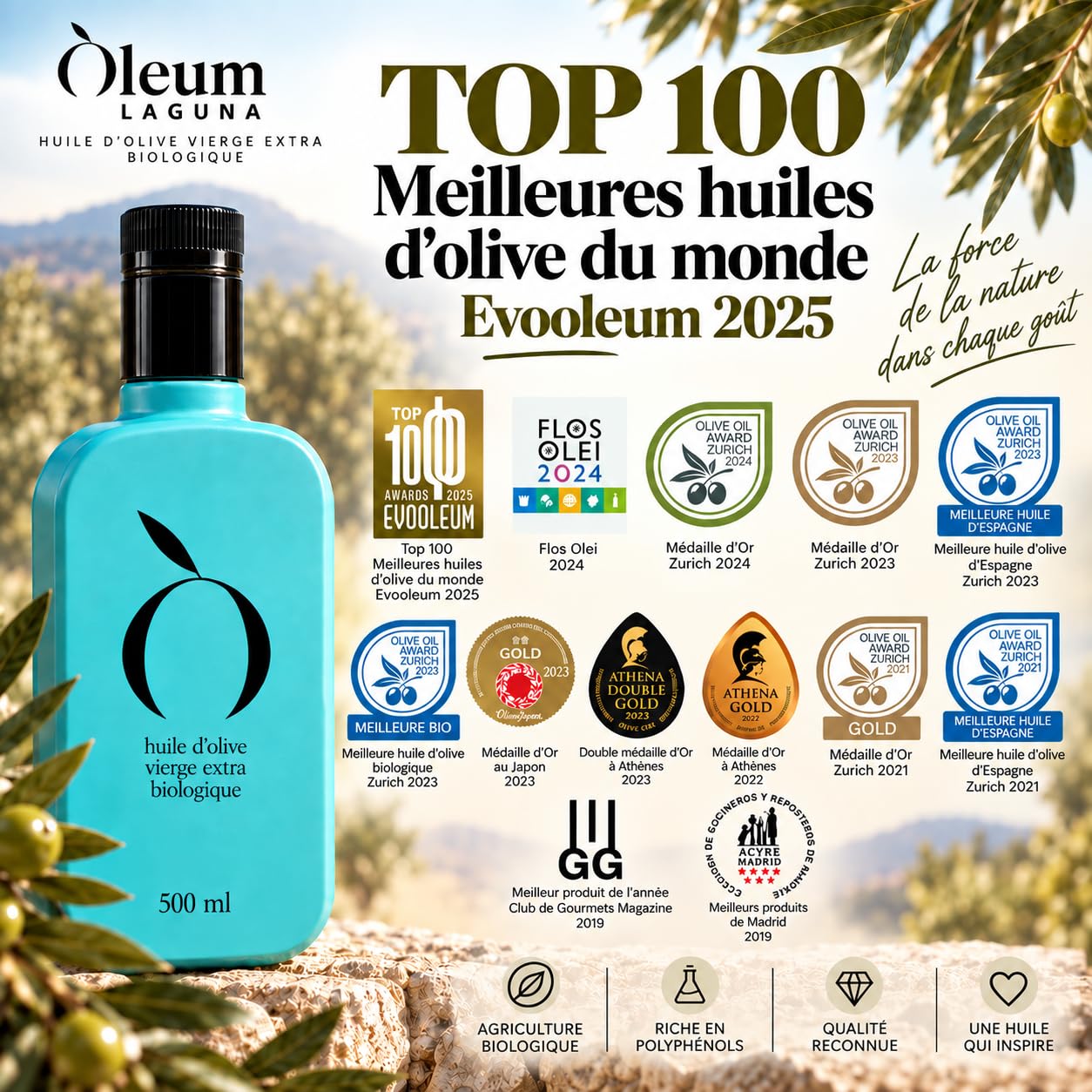 OLEUM LAGUNA | Huile d'olive extra vierge biologique Coupage Variétés Cornicabre et camomille - Coffret 500 ml