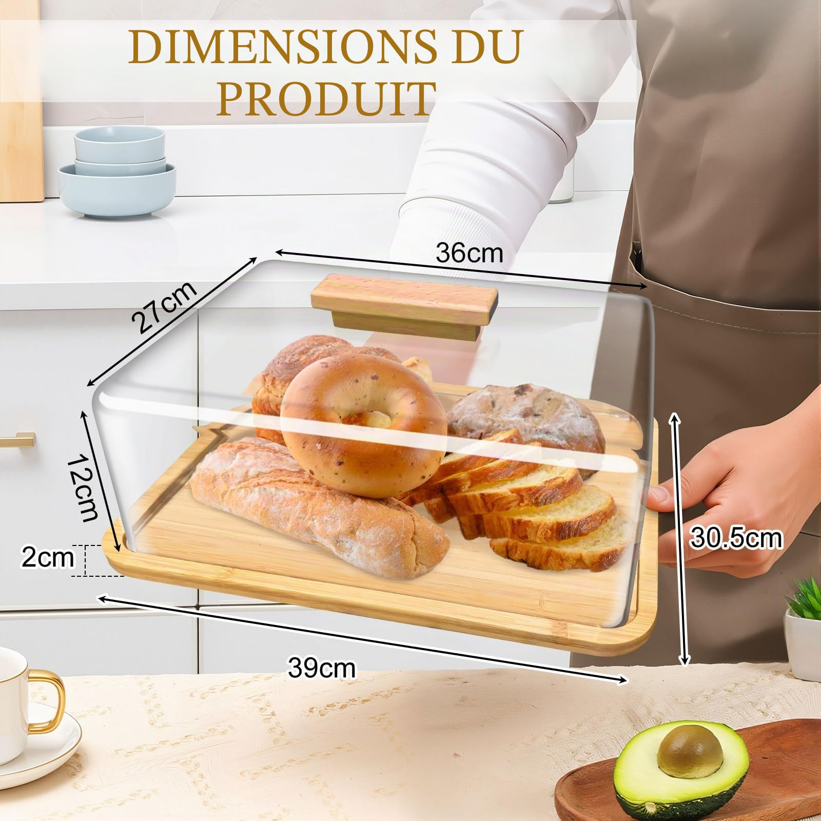 Présentoir à Gâteau, 36x27x12cm (LxlxH) Cloche Gateau en Bambou avec Transparent Dôme en Acrylique, Presentoir Gateau pour Dessert, Pâtisserie, Gâteau, Fromage, Rectangulaire