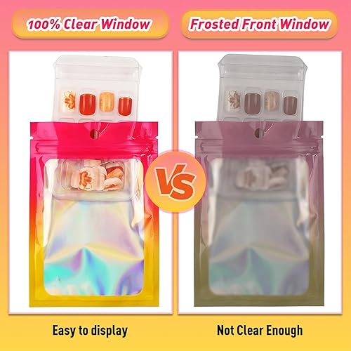 Miniatura 3 de Funfery Paquete de 100 bolsas holográficas degradadas, bolsas resellables de Mylar con cremallera, bolsas de embalaje transparentes para ventana,
