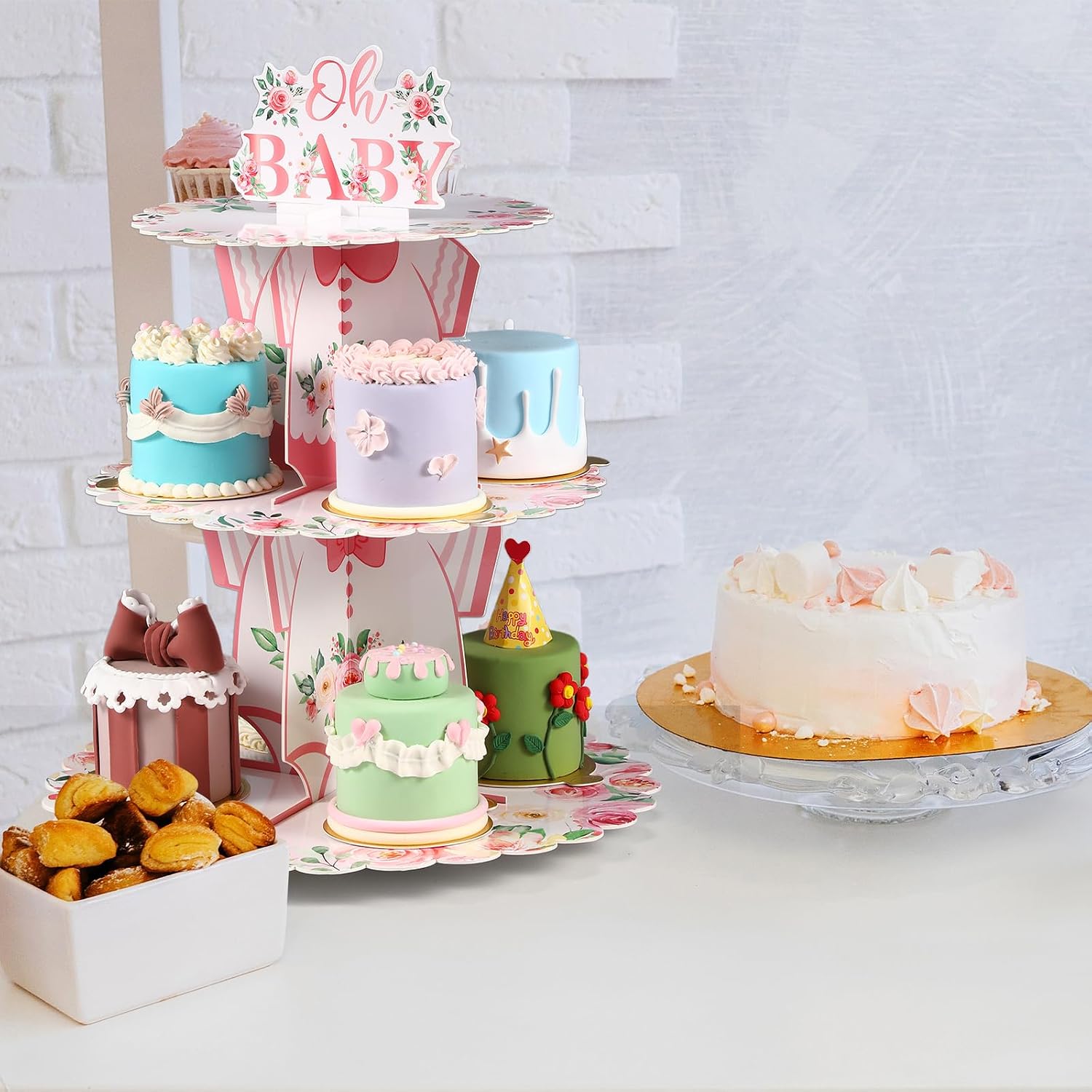 Zopeal 3 Tier Floral Baby Shower Cupcake Stand Cardboard Flower Cupcake Dessert Tower Baby Shower Cake Holder for Spring Flower Gender Reveal Birthday Party Decorations Supplies image 5