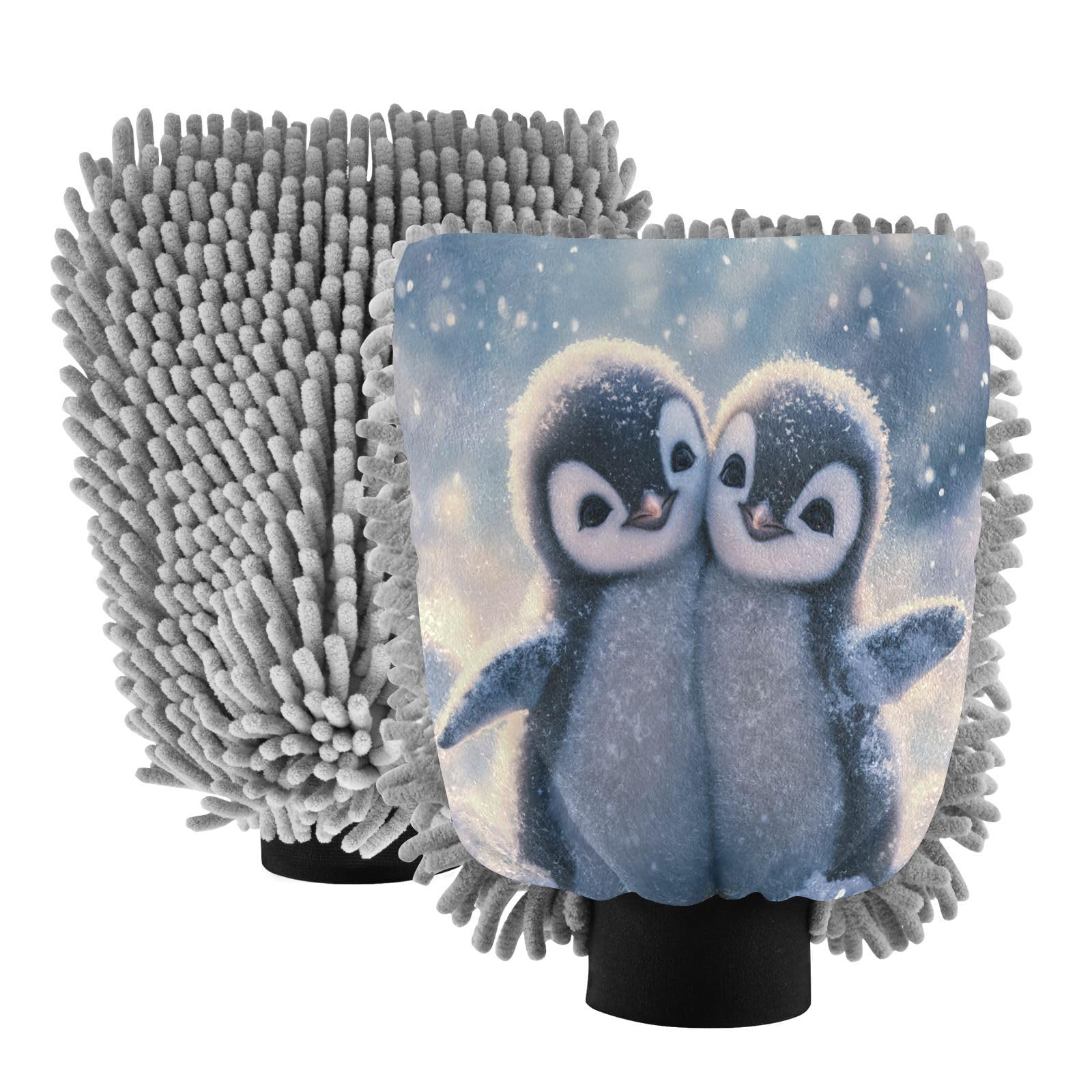STAYTOP Two Cute Snow Penguins Car Wash Mitt Microfiber, 2Pcs Scratch Free Lint-Free, Premium Chenille Microfiber Mitt Car Wash Brush-M
