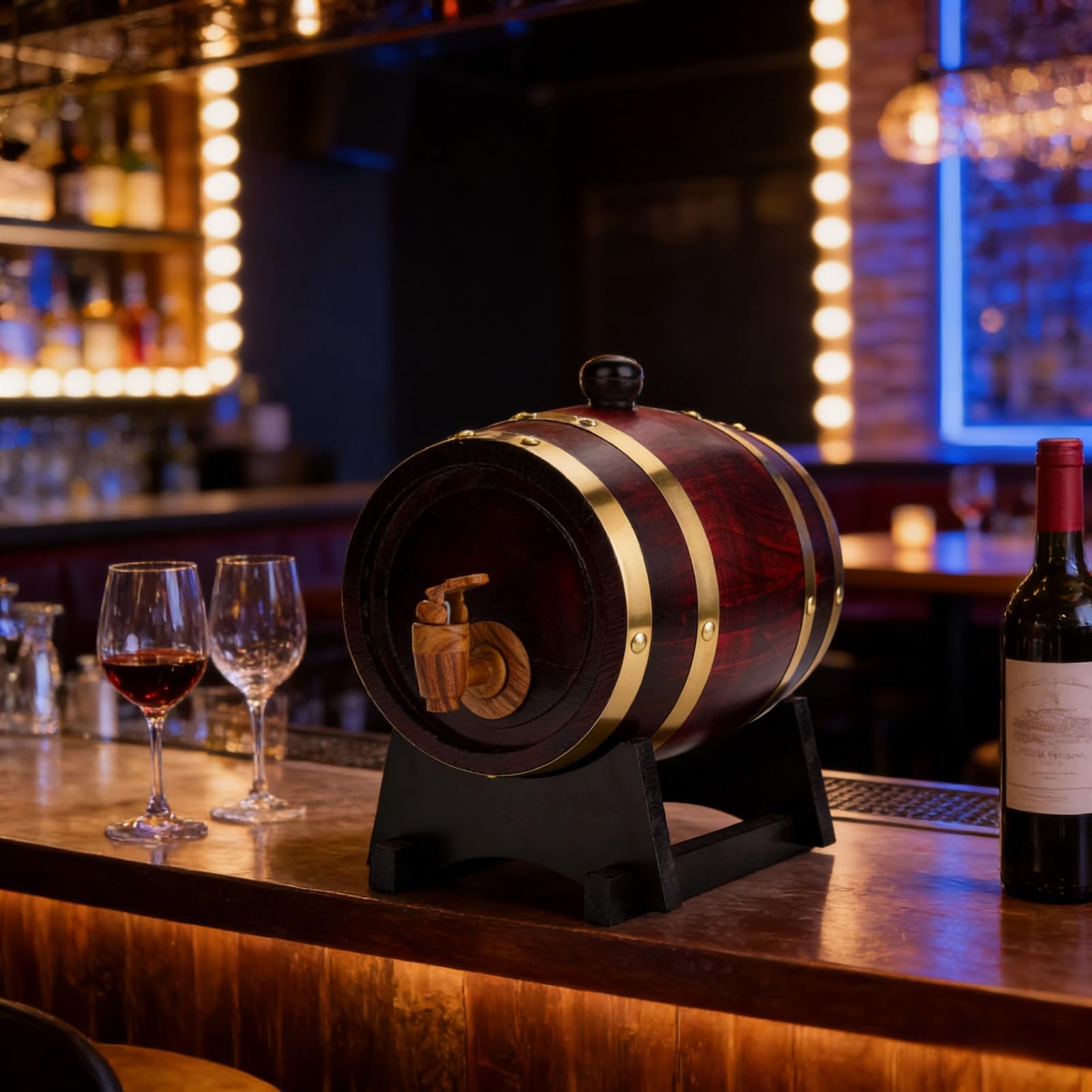 TARSHYRY Barril Vino,Barril de Envejecimiento de Roble de 1.5 Litros con Soporte para Whisky,Puerto de Ron que Mejora el Sabor y la Suavidad,Esencial para el Barman en el Hogar,Barrica de Fermentación