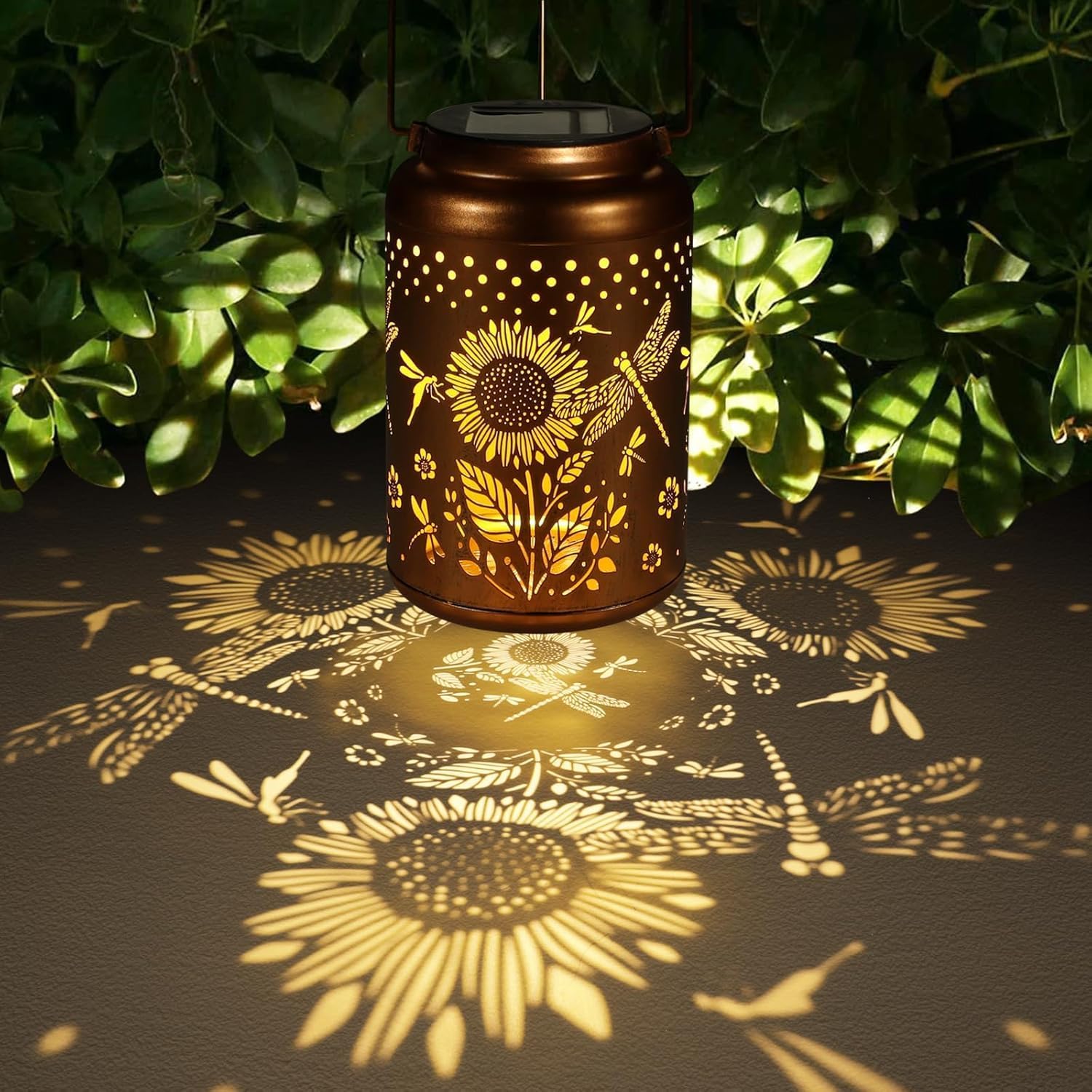 solar lantern outdoor hanging sunflower lights birthday gifts for women mom metal garden decor outside waterproof thanksgiving led lanterns for patio, yard(dragonfly)