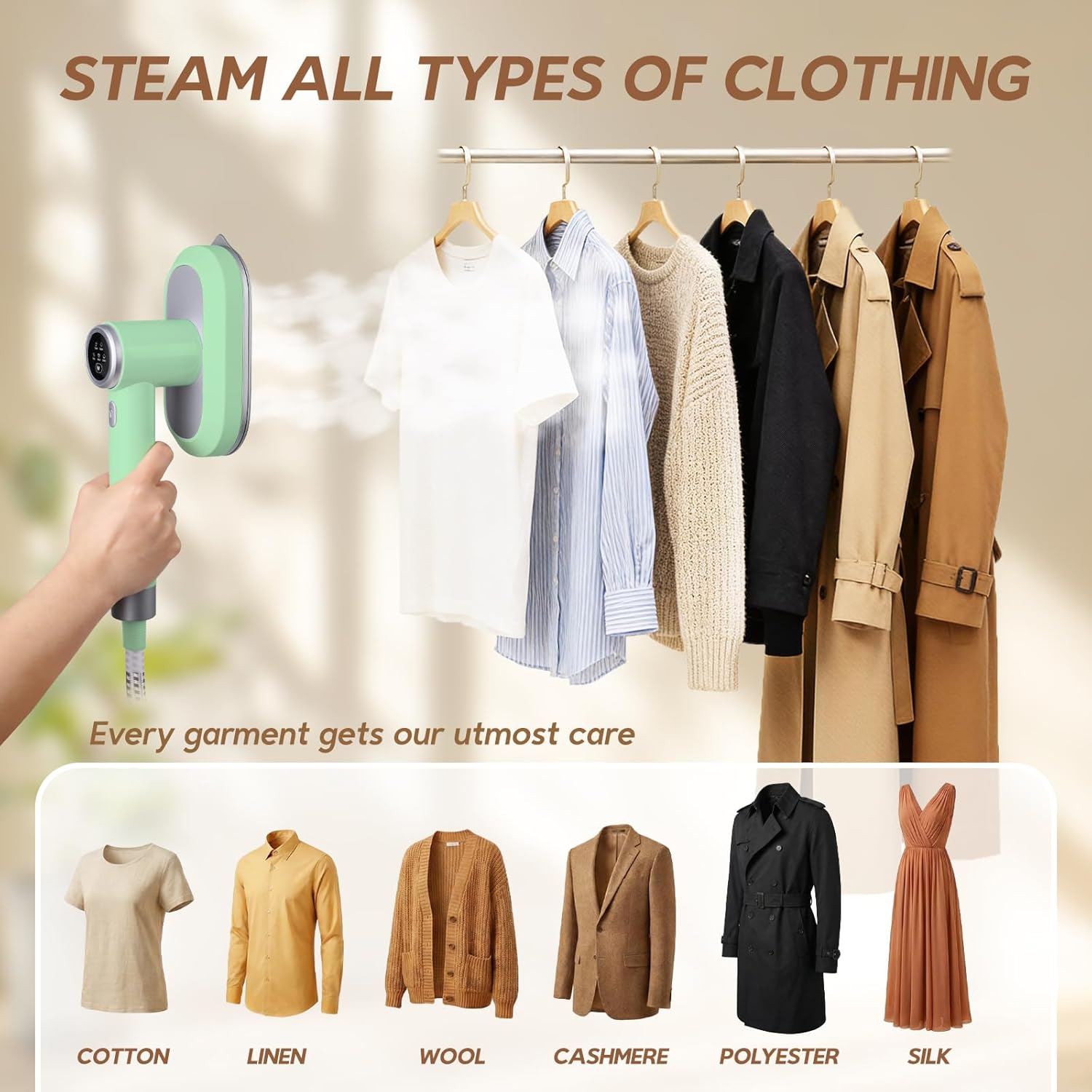 2 In 1 Steamer for Clothes: 1550W Powerful Steamer with 1100ml Detachable Tank, 30s Fast Heat-Up, Horizontal & Vertical Use, Portable Wrinkle Remover for Clothes Drapes Bedding (Green)