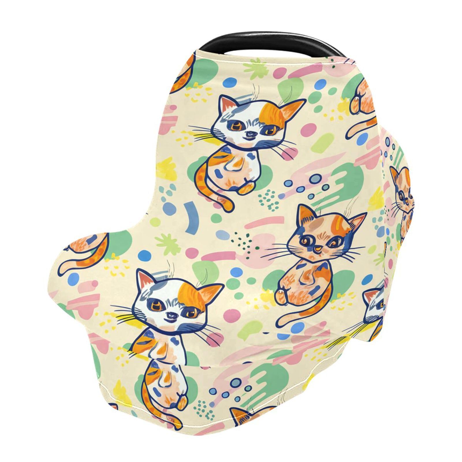 Nesatuwa Baby Car Seat Cover Cute Cartoon Cat Breastfeeding Covers Stretchy Breathable Multi-Use Cover Carseat Canopy for Girls and Boys