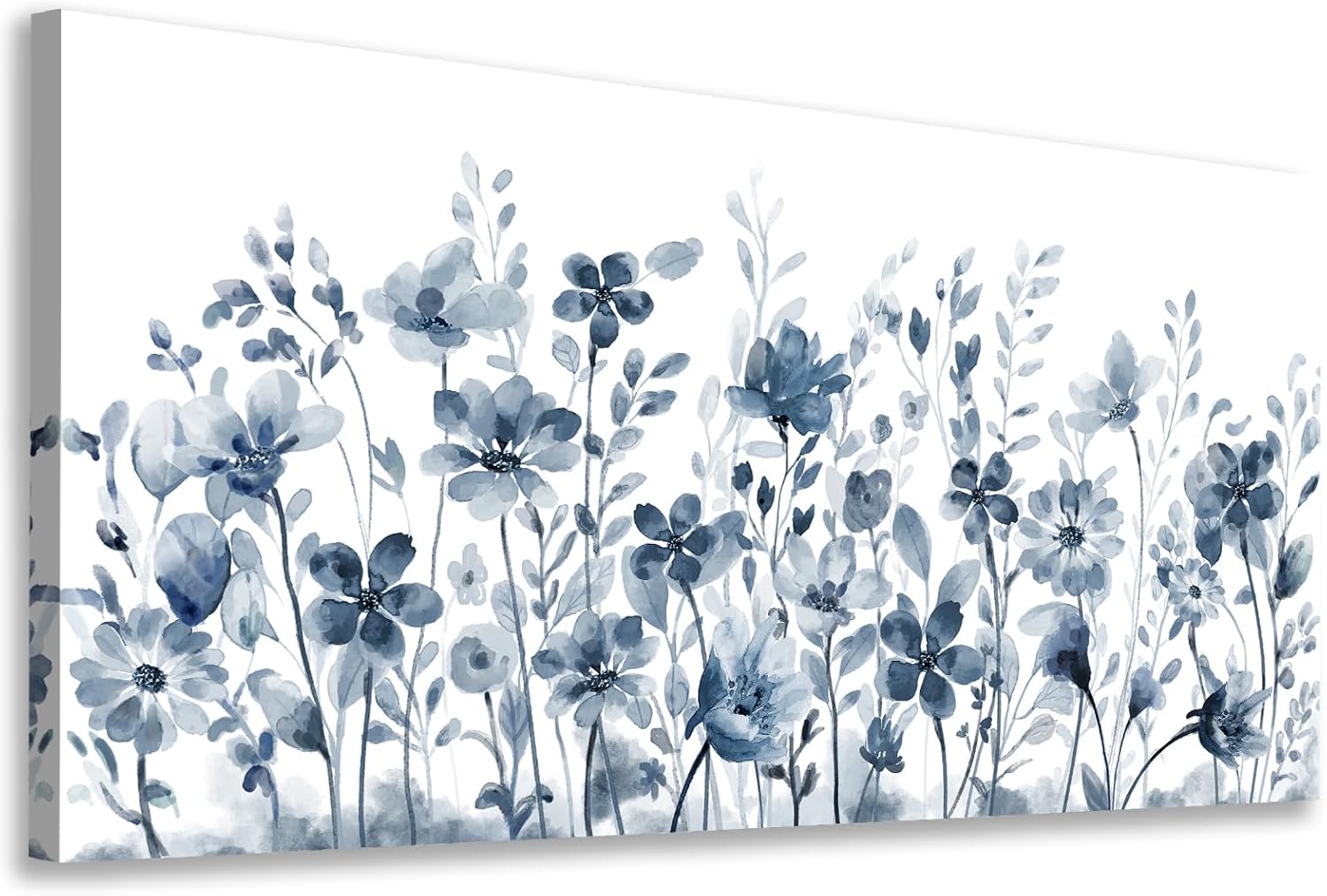 Large Flowers Wall Art for Living Room Decor Framed Art Indigo Wildflower Canvas Pictures Abstract Artwork Navy Blue Floral Canvas Prints for Bedroom Kitchen Home Office Wall Decor 24" x 48"