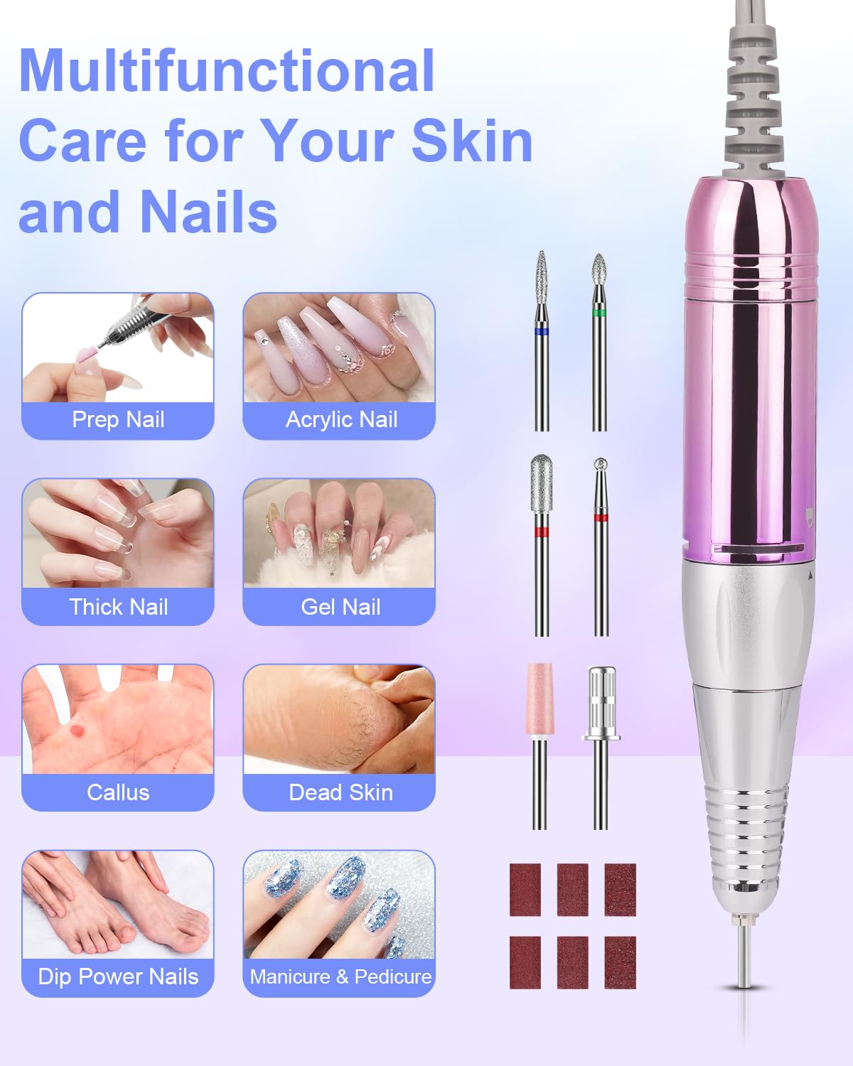 Electric Nail Drill Professional: Rechargeable Nail File with Bits for Acrylic Gel Nails, Professional Nail Drill Manicure Pedicure Polishing Shape Tools for Home Salon (Purple)