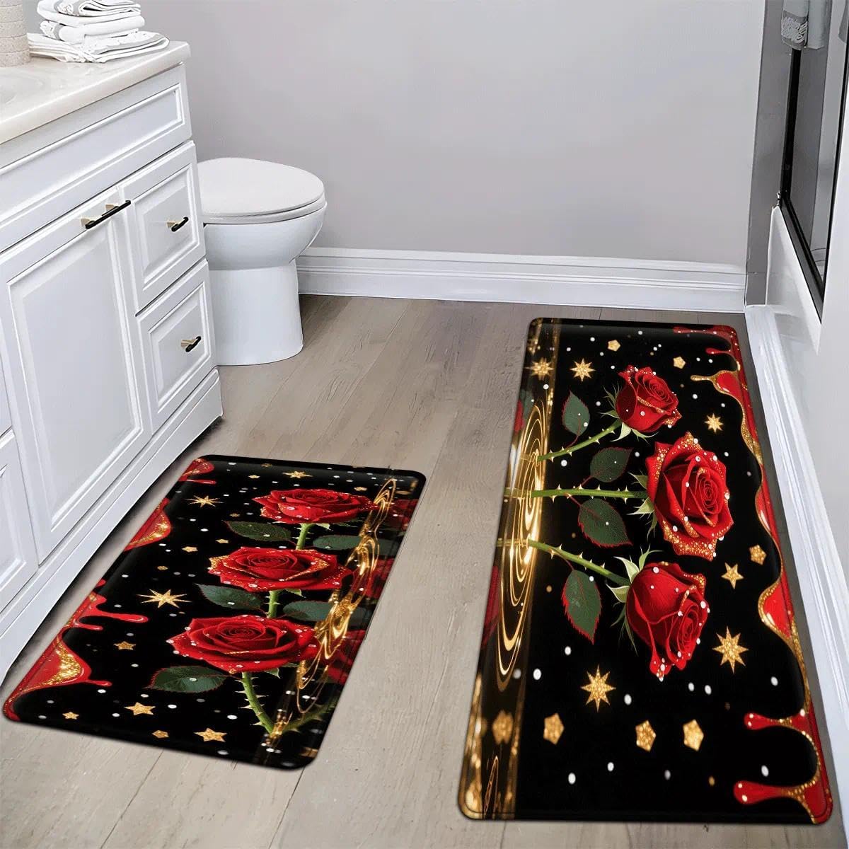 Valentine's Day Red Rose Kitchen Rugs，Thickened Flannel Material Soft,Comfortable, Easy to Clean for Bathroom/Kitchen/Sink/Laundry Valentine Decor Anti-Fatigue Sponge Floor Mat-2pcs