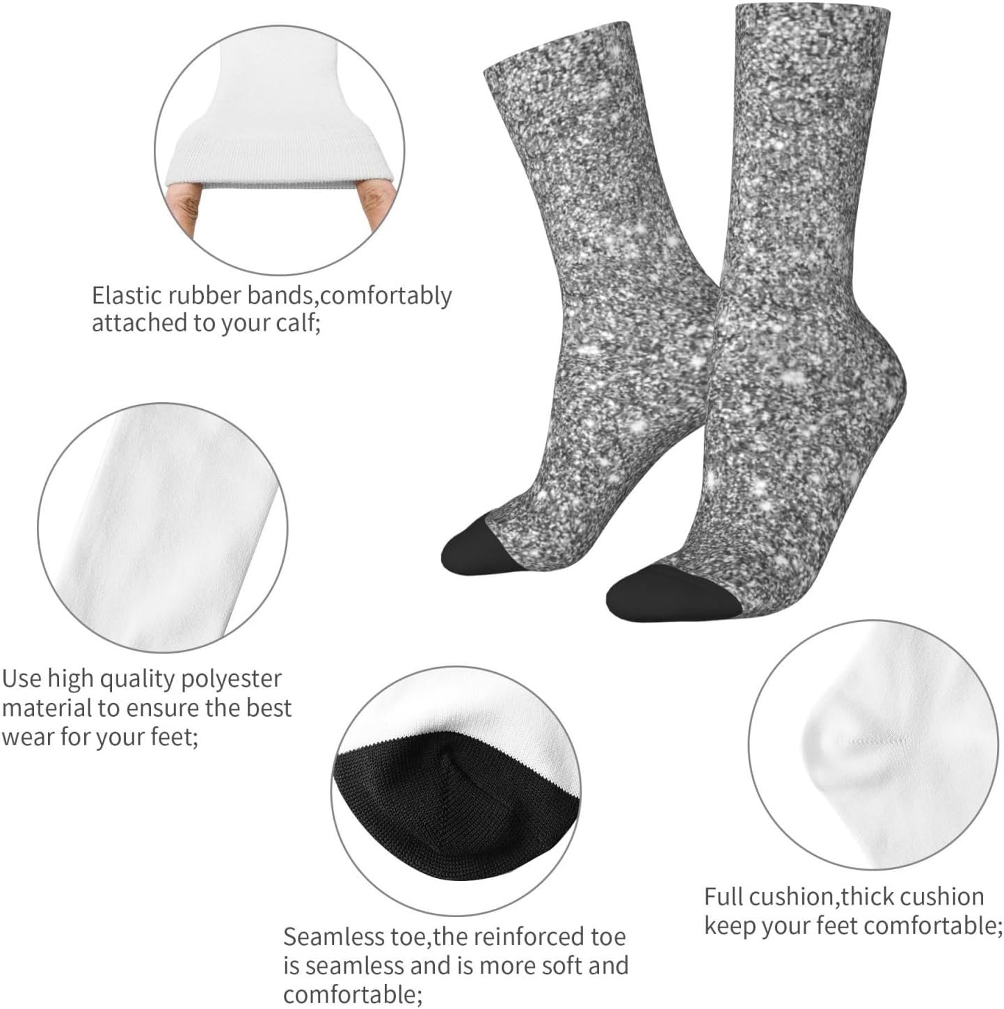 Silver Glitter Sparkles Crew Socks For Men/Women Gifts,Unisex Novelty Casual Dress Socks White - Image 6