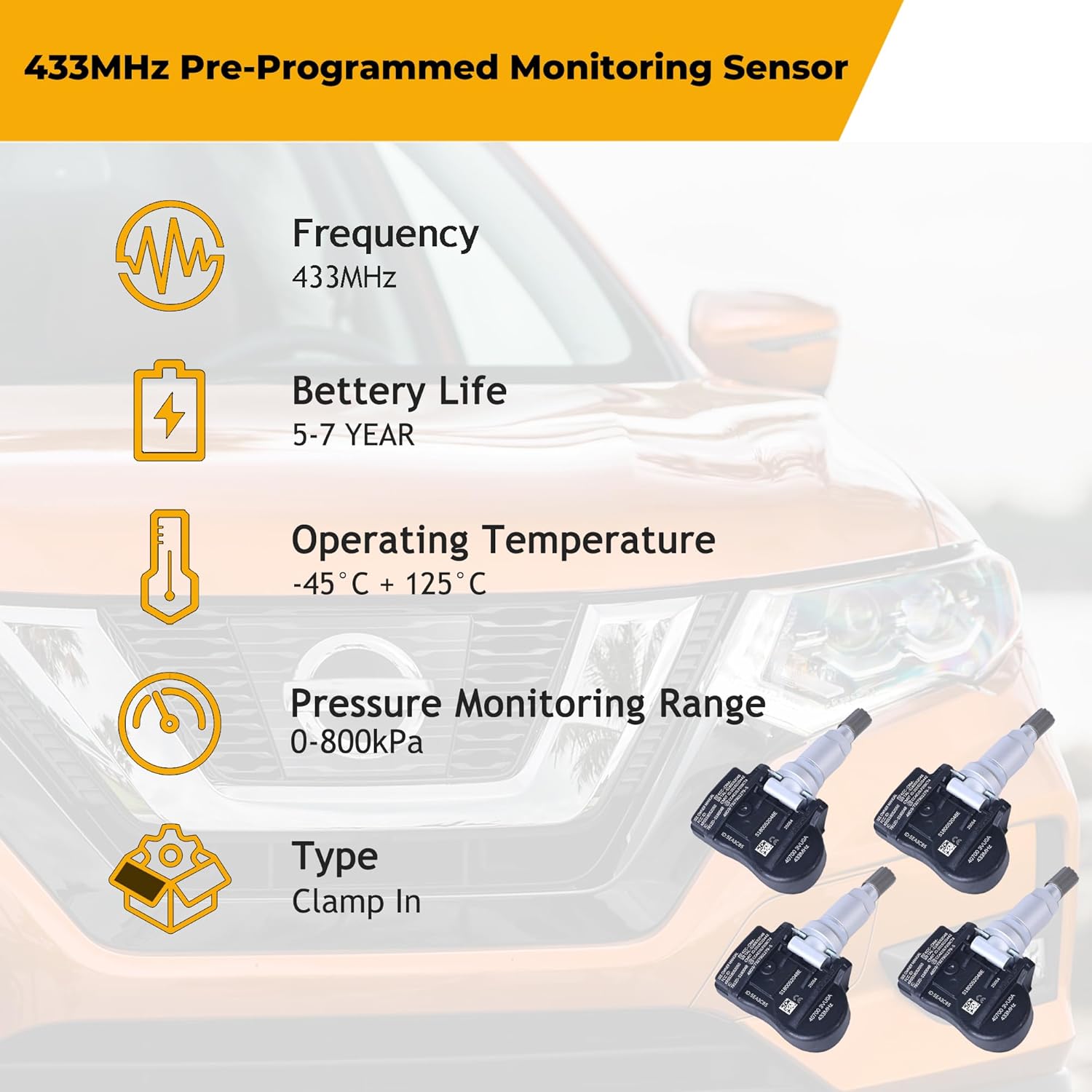 TPMS Sensor Set of 4 Tire Pressure Monitoring Sensor 433MHz Pre-Programmed Fit for Nissan Rogue 2014-2016 Altima 2021-2022 Replace# 40700-3VU0A, 40700-4CB0A, 40700-4CB0B