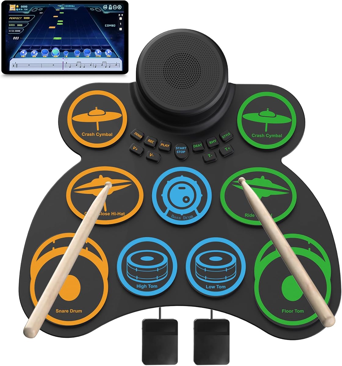MARVTOWN Batería eléctrica portátil para niños, 9+2 almohadillas de batería electrónica con silicona gruesa de 0,5 pulgadas, pedales y baquetas, altavoz HIFI incorporado, batería recargable, conector para auriculares, MIDI, regalo de vacaciones