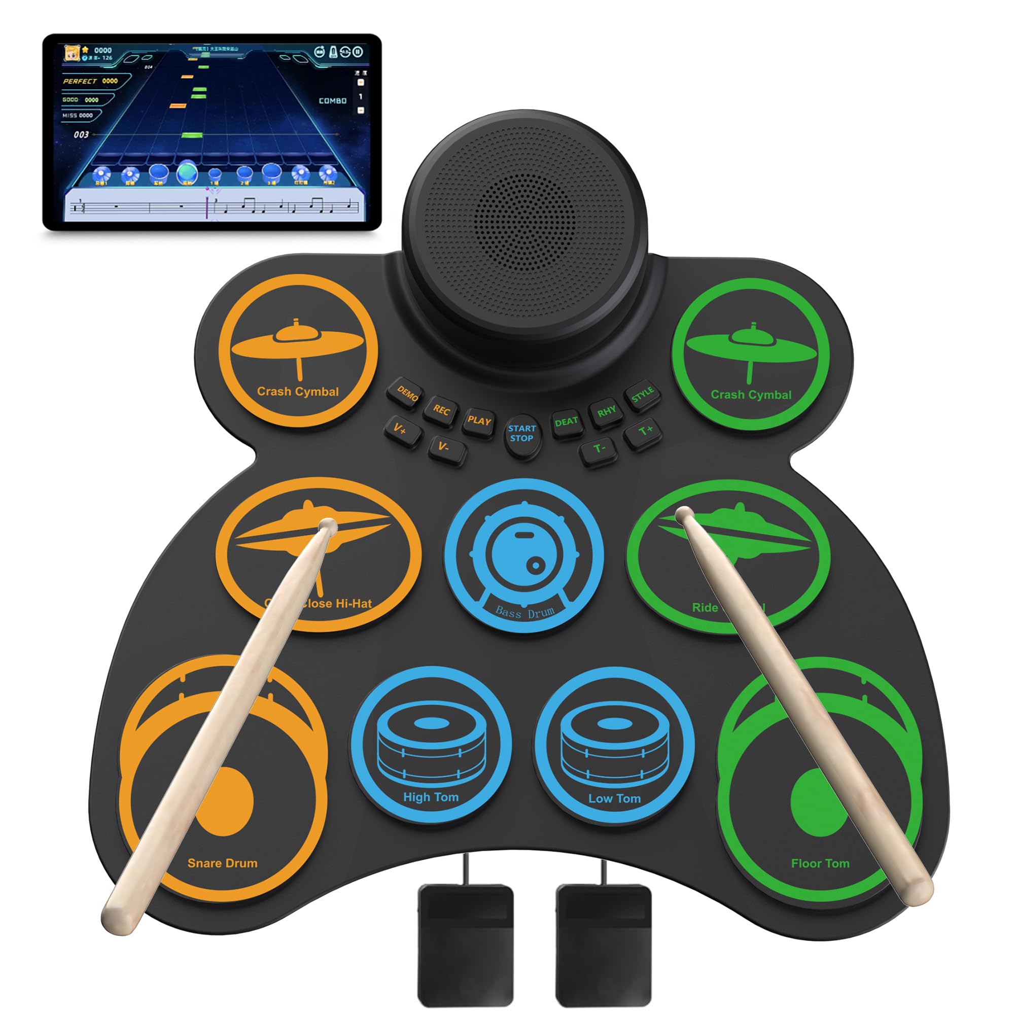 MARVTOWN Elektronisches Schlagzeug Set, 9+1 Drum Practice Pad mit Kopfhöreranschluss, Standpedalen und Drumsticks, Kinder Schlagzeugset kompatibel mit MIDI-Ausgang,