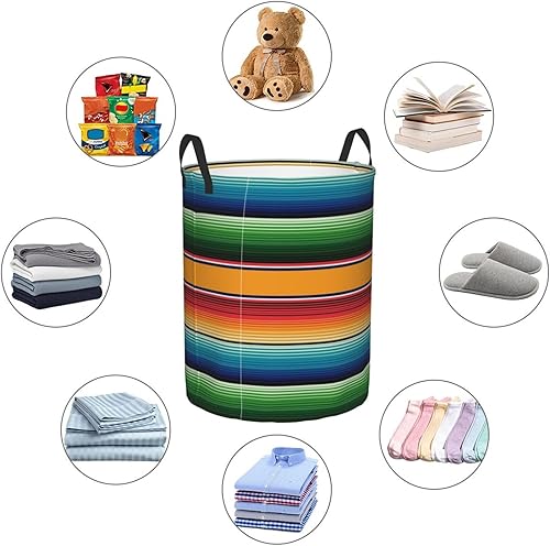 Miniatura 6 de Cesta de lavandería con estampado de sarape mexicano, a rayas, impermeable, plegable, con asa duradera, cesta de almacenamiento circular, bolsa de